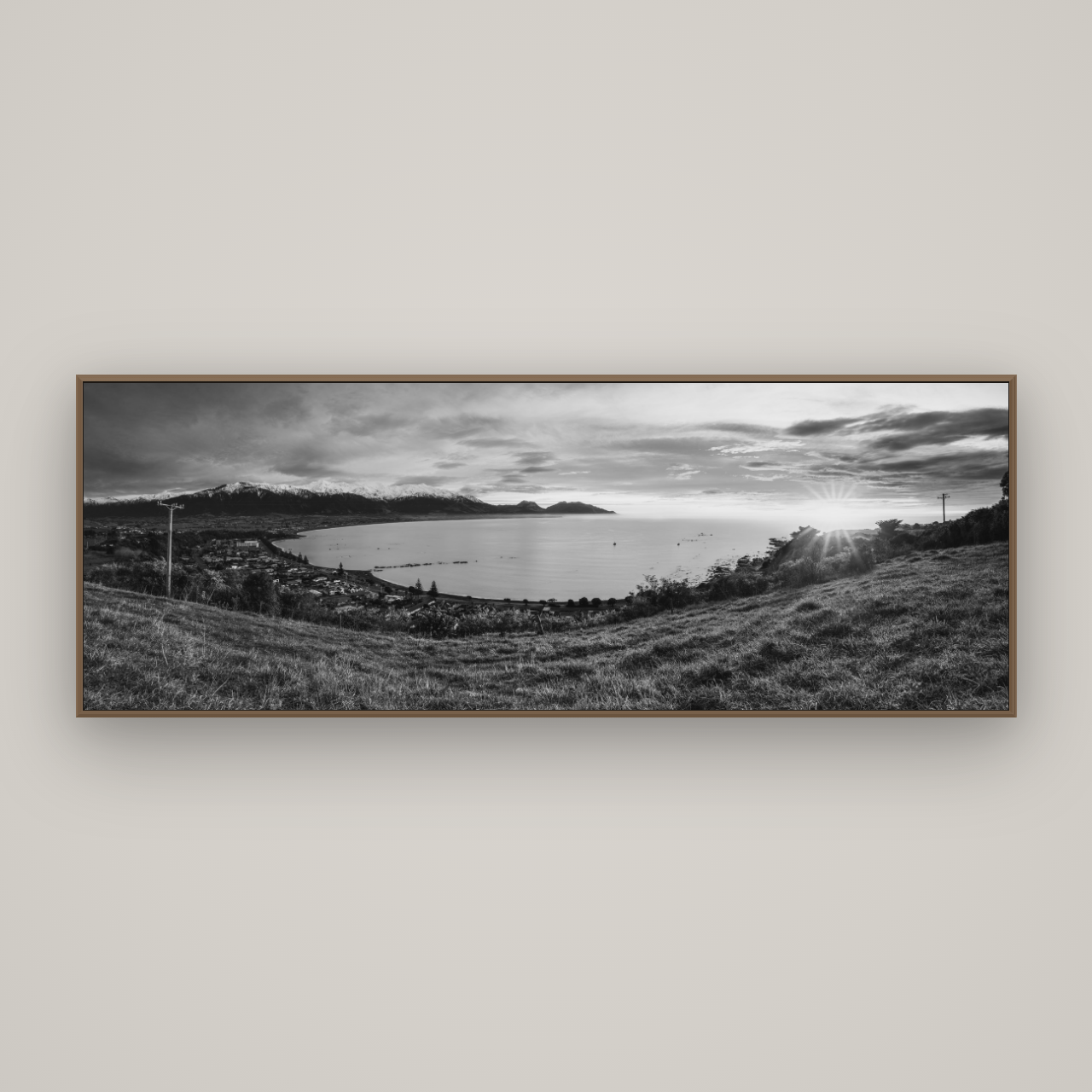 Radiant Awakening, Kaikōura's Coastal Majesty, Basel Walnut, 198×70 cm. New Zealand fine art wall art by Stephen Milner.