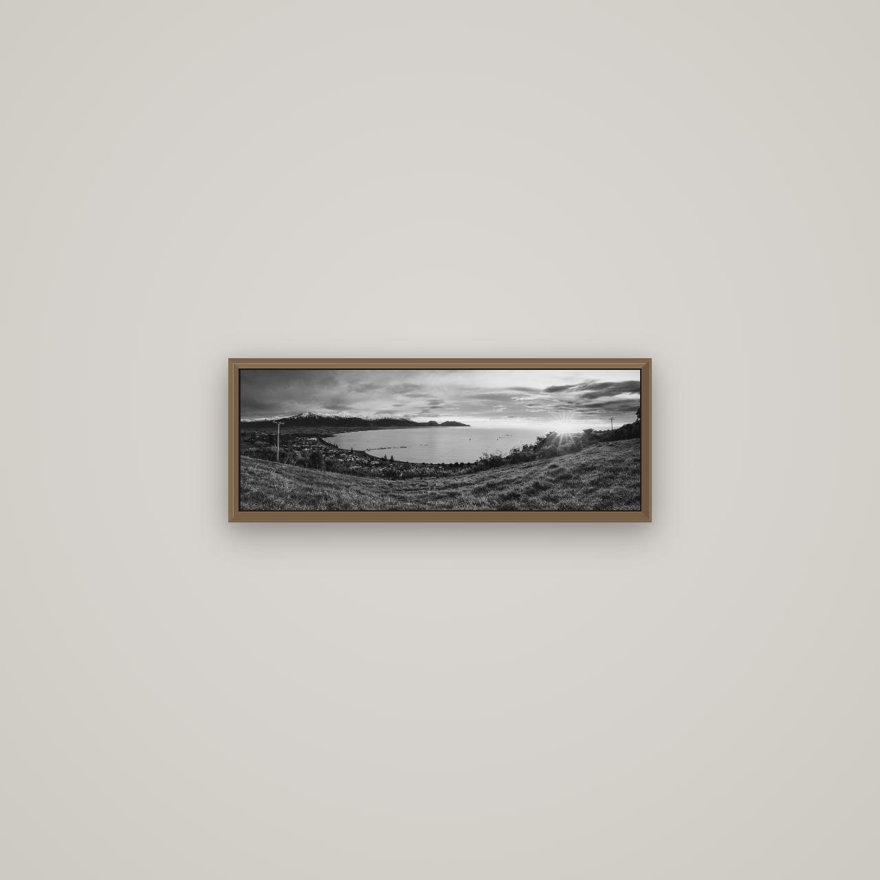 Radiant Awakening, Kaikōura's Coastal Majesty, Basel Walnut, 57×20 cm. New Zealand fine art wall art by Stephen Milner.