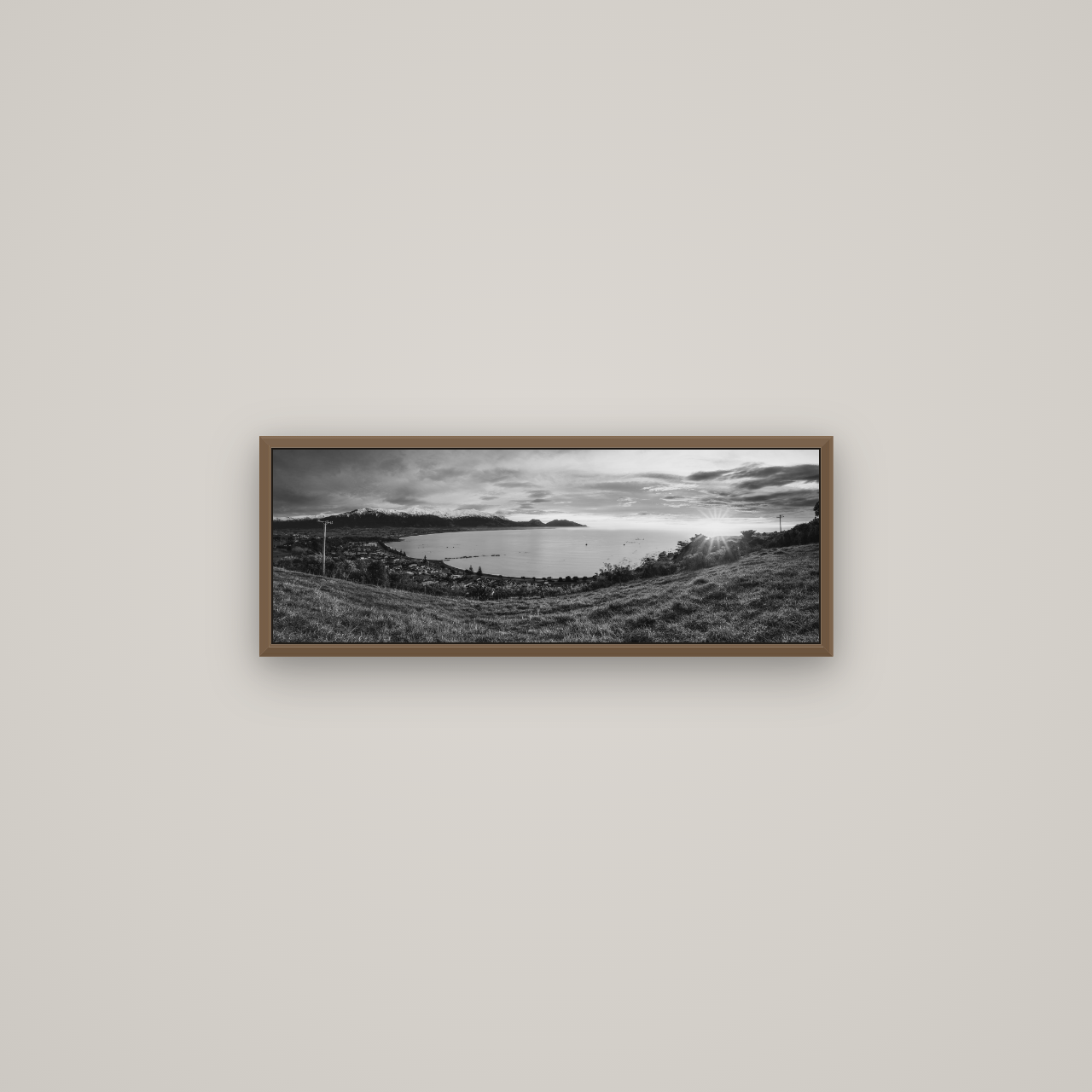 Radiant Awakening, Kaikōura's Coastal Majesty, Basel Walnut, 68×24 cm. New Zealand fine art wall art by Stephen Milner.