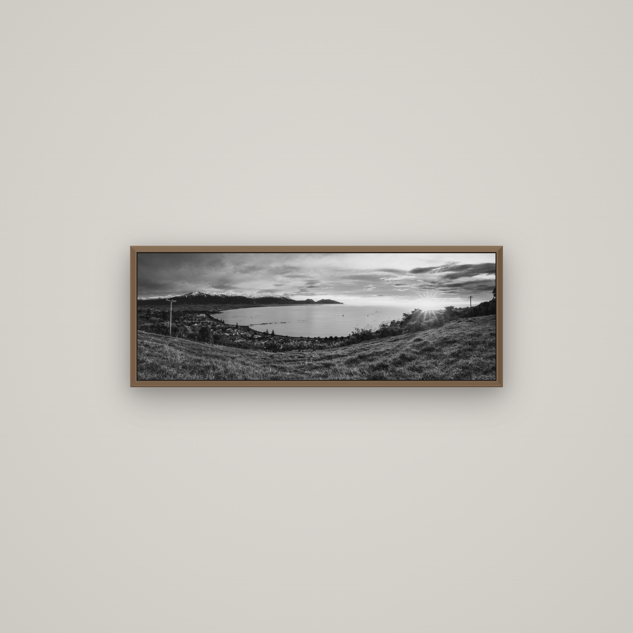 Radiant Awakening, Kaikōura's Coastal Majesty, Basel Walnut, 85×30 cm. New Zealand fine art wall art by Stephen Milner.