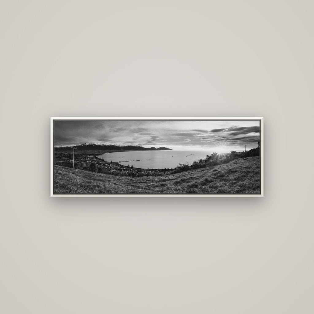 Radiant Awakening, Kaikōura's Coastal Majesty — Basel White, 113×40 cm. New Zealand fine art wall art by Stephen Milner.