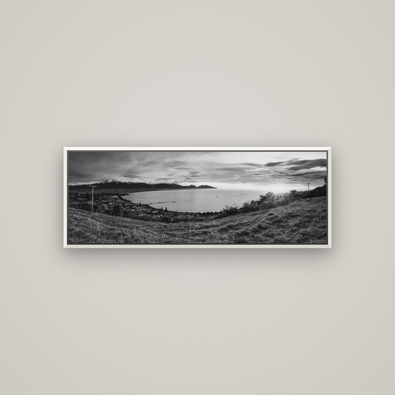 Radiant Awakening, Kaikōura's Coastal Majesty — Basel White, 113×40 cm. New Zealand fine art wall art by Stephen Milner.