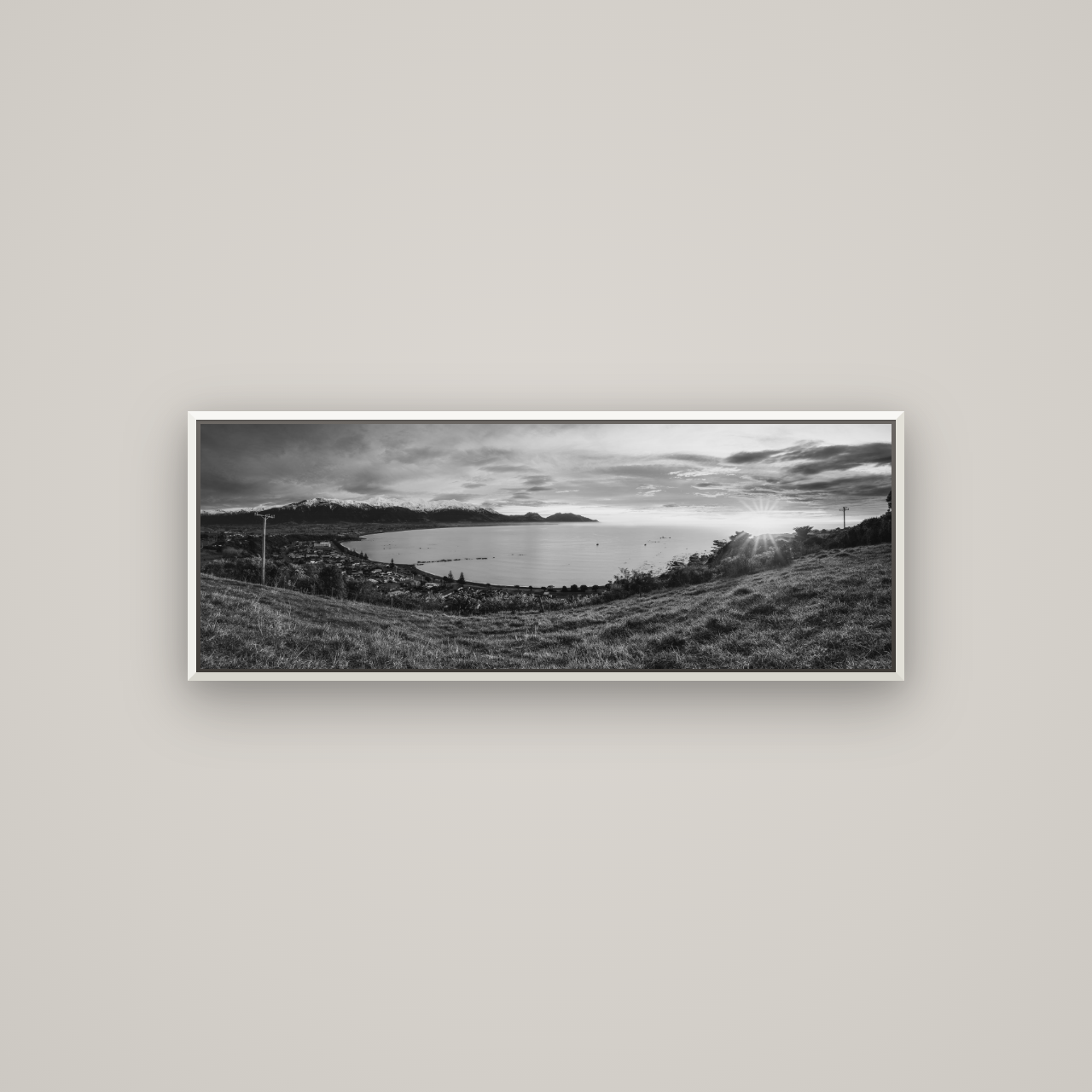 Radiant Awakening, Kaikōura's Coastal Majesty — Basel White, 113×40 cm. New Zealand fine art wall art by Stephen Milner.