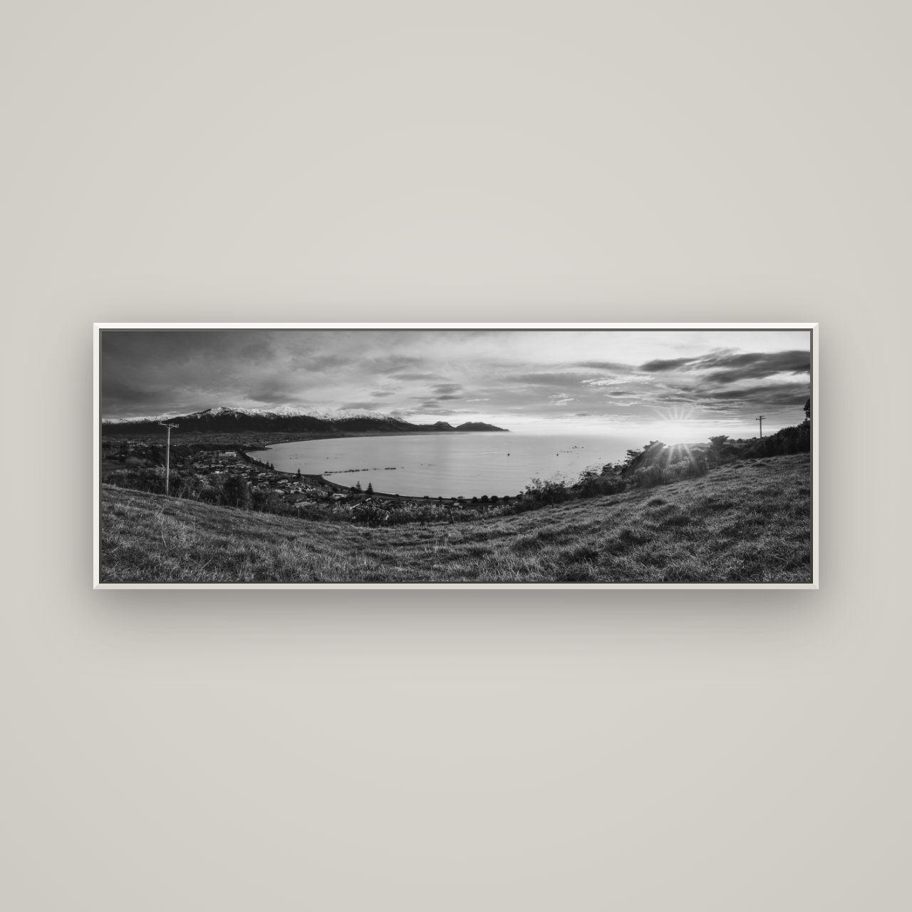 Radiant Awakening, Kaikōura's Coastal Majesty — Basel White, 170×60 cm. New Zealand fine art wall art by Stephen Milner.