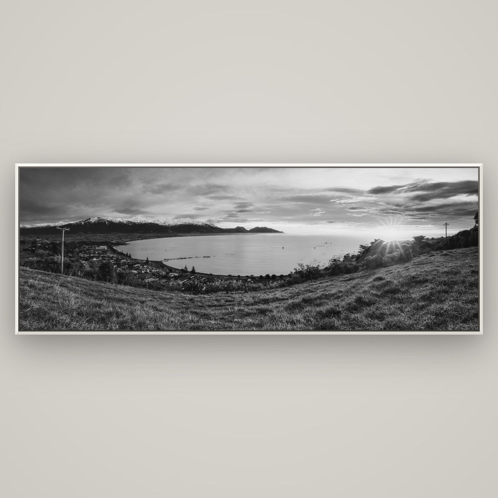 Radiant Awakening, Kaikōura's Coastal Majesty — Basel White, 198×70 cm. New Zealand fine art wall art by Stephen Milner.