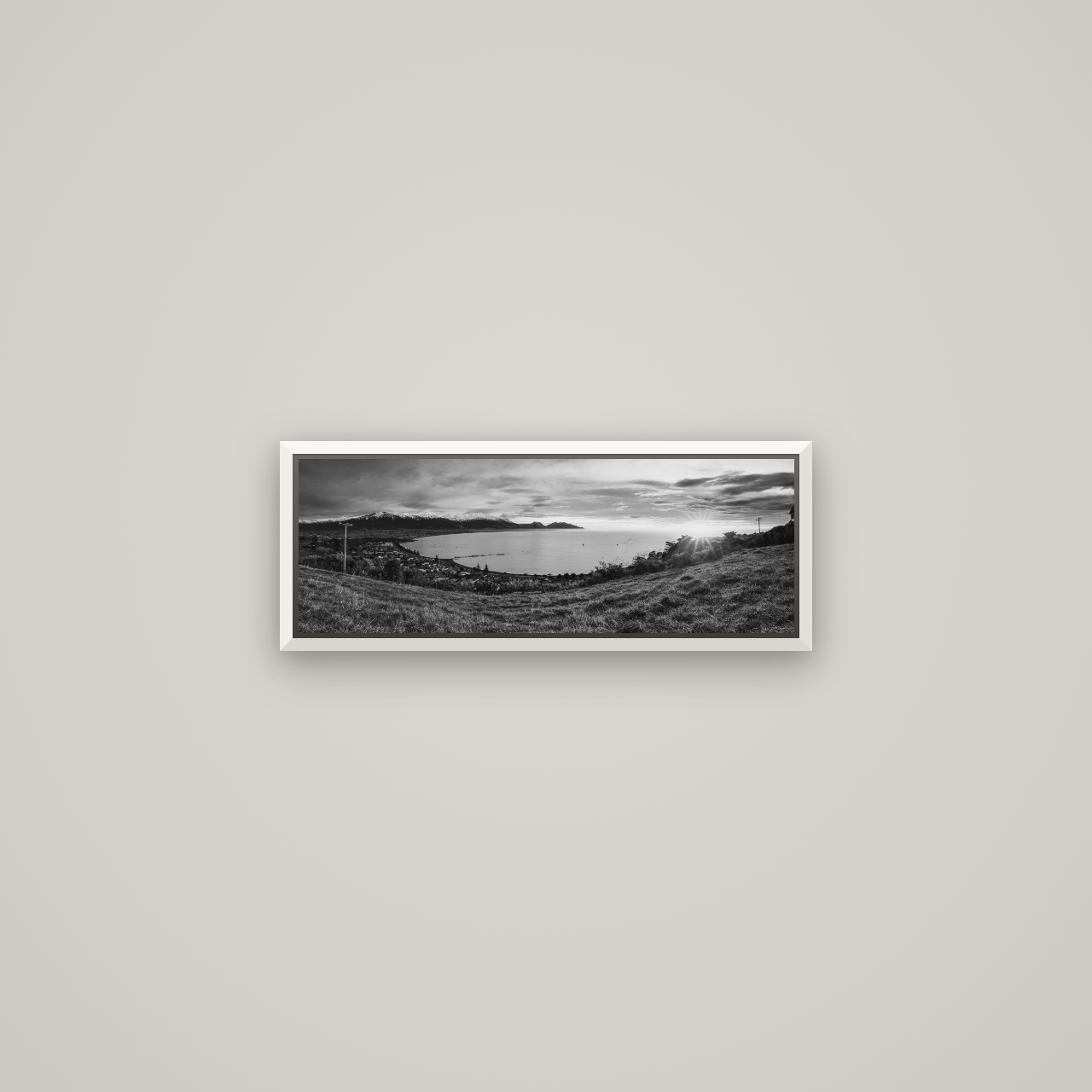 Radiant Awakening, Kaikōura's Coastal Majesty — Basel White, 57×20 cm. New Zealand fine art wall art by Stephen Milner.