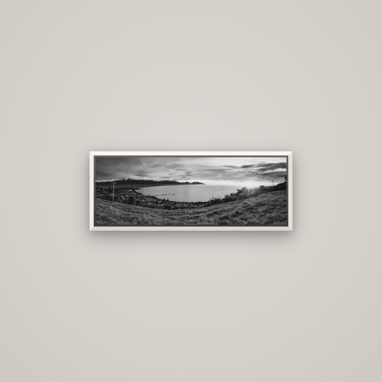 Radiant Awakening, Kaikōura's Coastal Majesty — Basel White, 68×24 cm. New Zealand fine art wall art by Stephen Milner.