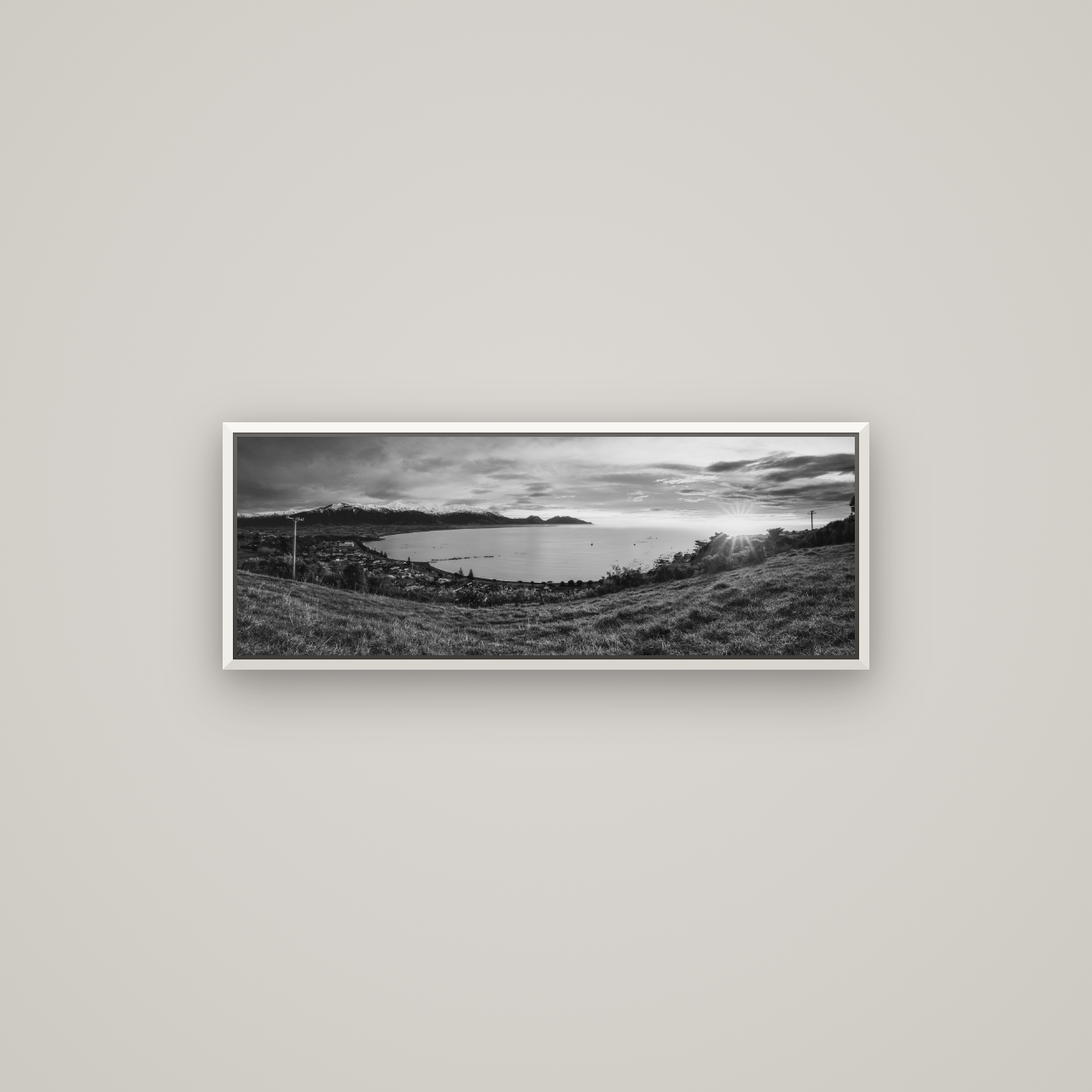Radiant Awakening, Kaikōura's Coastal Majesty — Basel White, 85×30 cm. New Zealand fine art wall art by Stephen Milner.