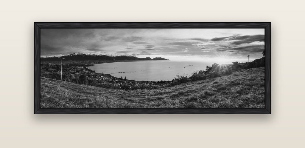 Radiant Awakening, Kaikōura's Coastal Majesty — black float frame canvas, 152 × 56 cm. New Zealand fine art landscape wall art by Stephen Milner.