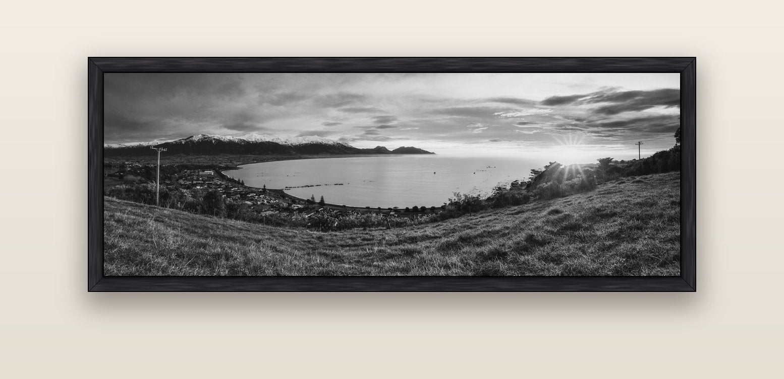 Radiant Awakening, Kaikōura's Coastal Majesty — black float frame canvas, 152 × 56 cm. New Zealand fine art landscape wall art by Stephen Milner.