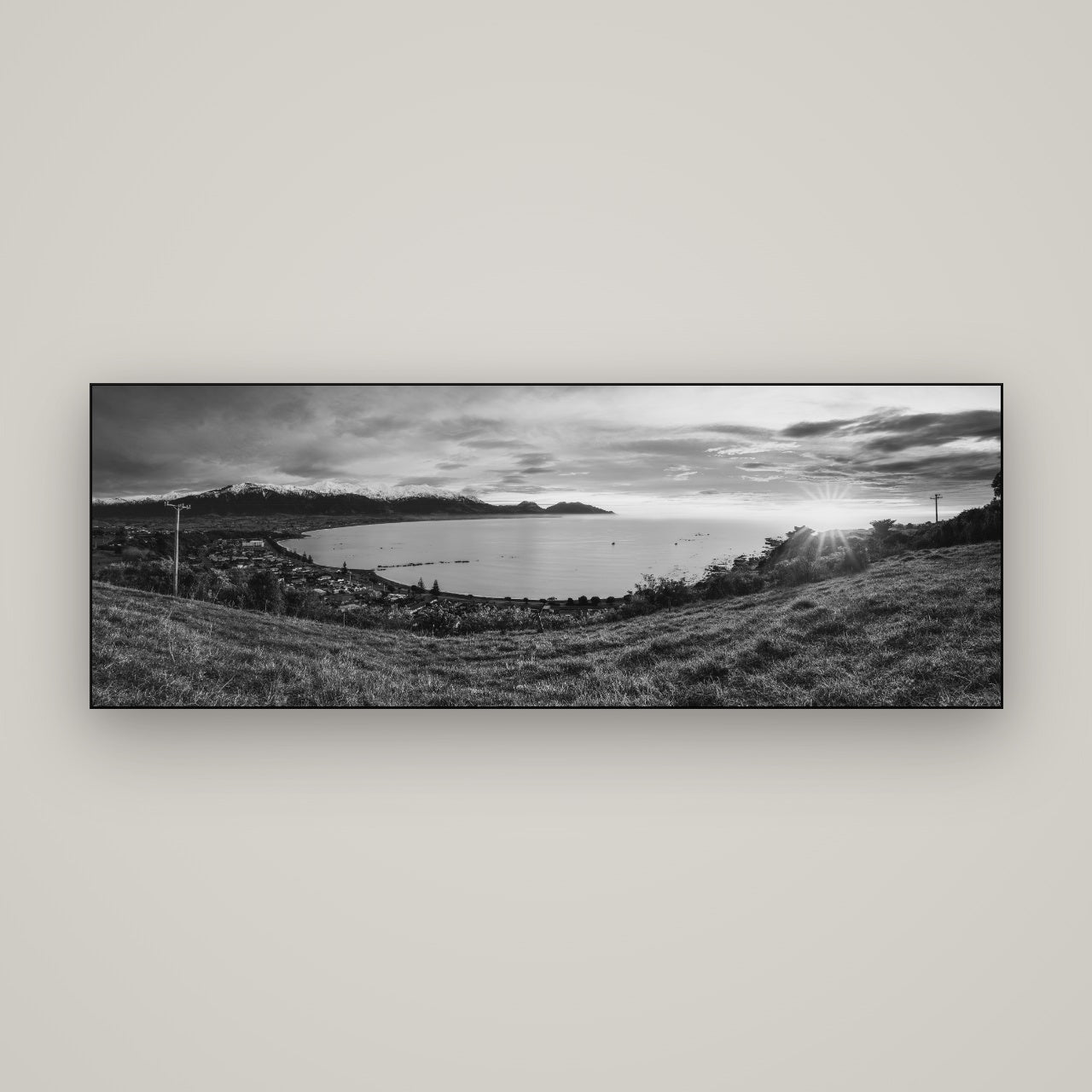 Radiant Awakening, Kaikōura's Coastal Majesty — Slimline Black, 170×60 cm. New Zealand fine art wall art by Stephen Milner.