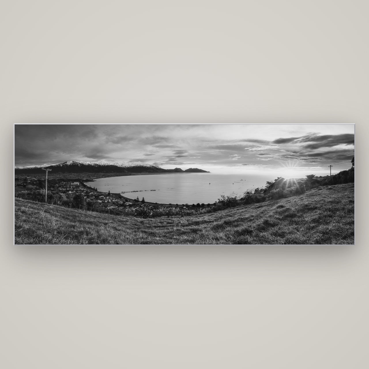Radiant Awakening, Kaikōura's Coastal Majesty — Slimline Silver, 198×70 cm. New Zealand fine art wall art by Stephen Milner.
