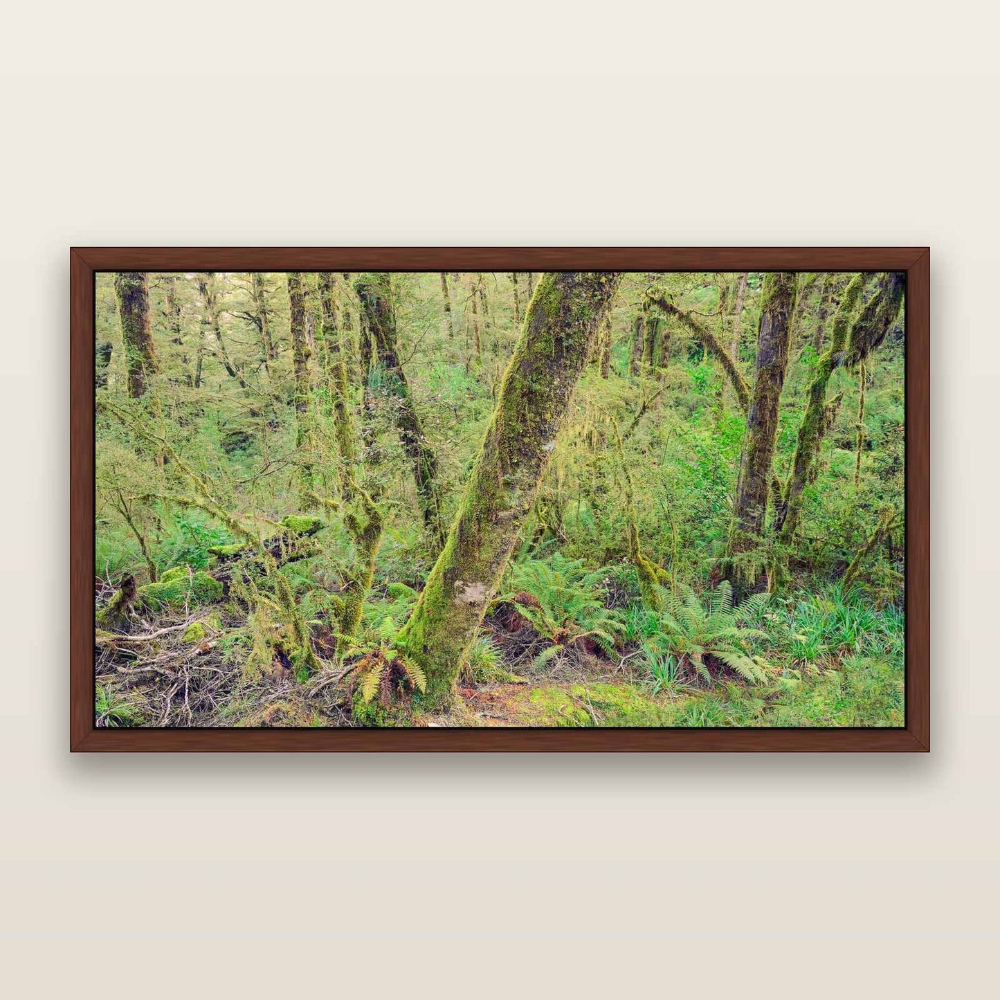 Rainforest Retreat, Haast pass — framed metallic canvas print, Brown frame. New Zealand fine art landscape wall art by Stephen Milner.
