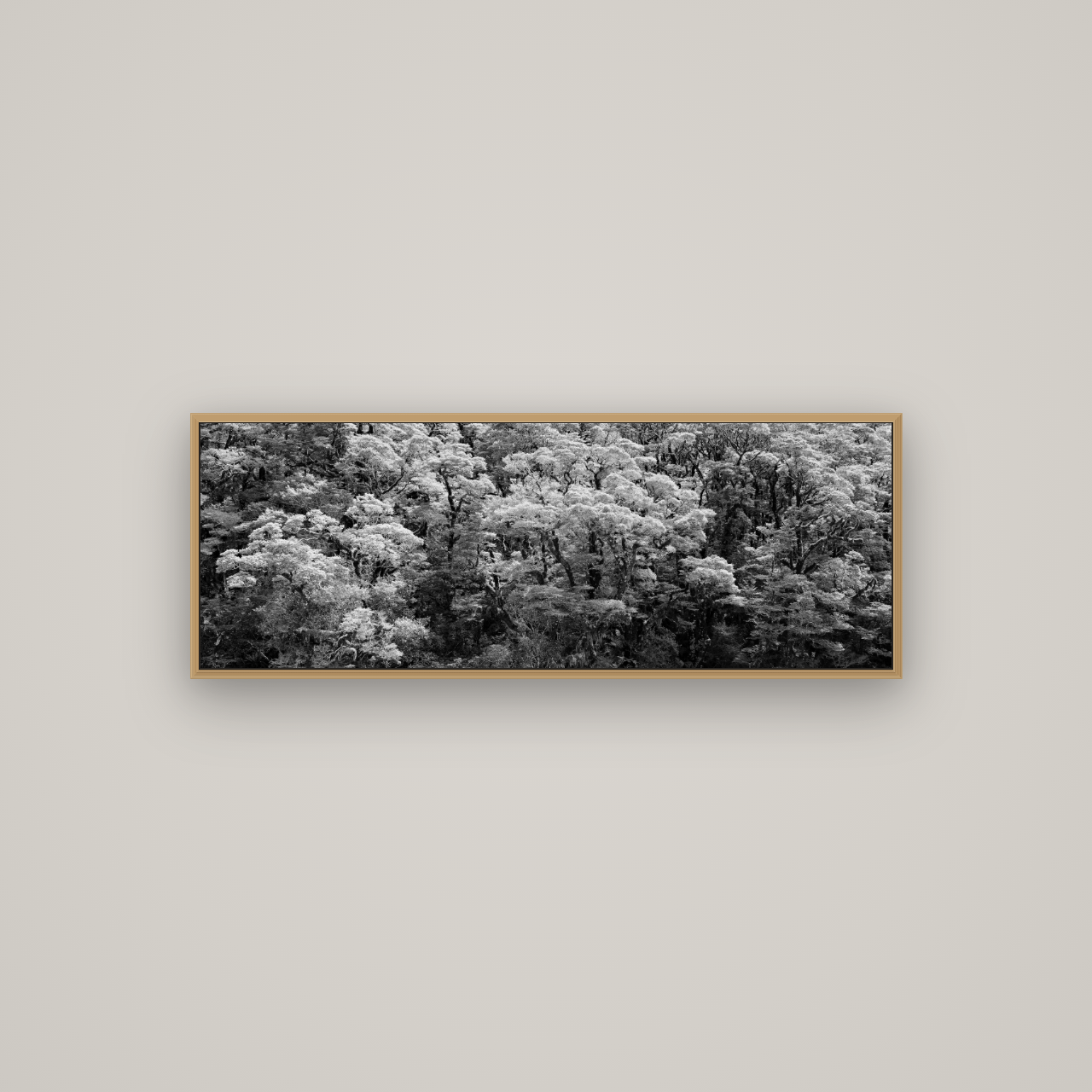 Rainforest Reverie, Fiordland, Basel Natural Oak, 113×40 cm. New Zealand fine art wall art by Stephen Milner.