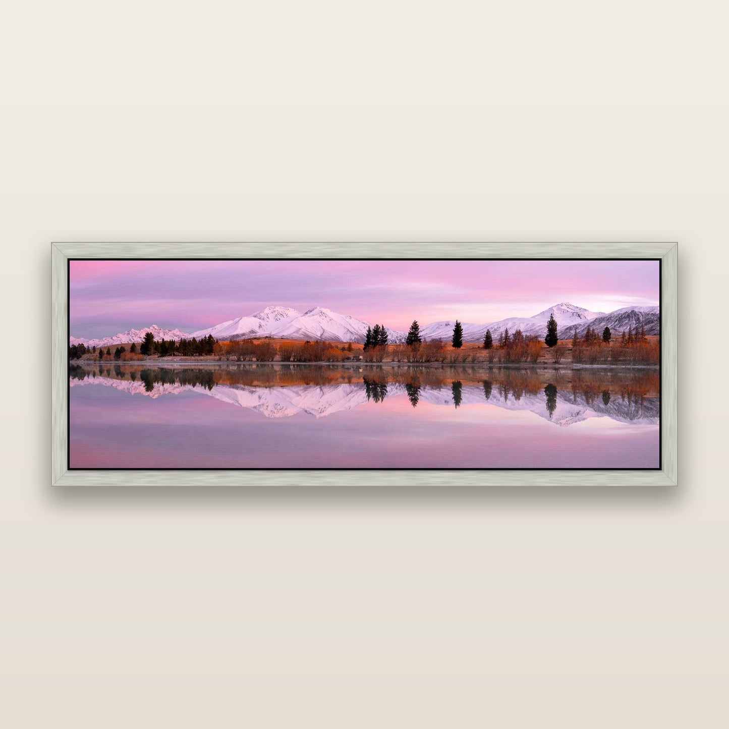 Reflections of Dawn, Big Hill and Potts Range — framed metallic canvas print, Antique Silver frame. New Zealand fine art landscape wall art by Stephen Milner.