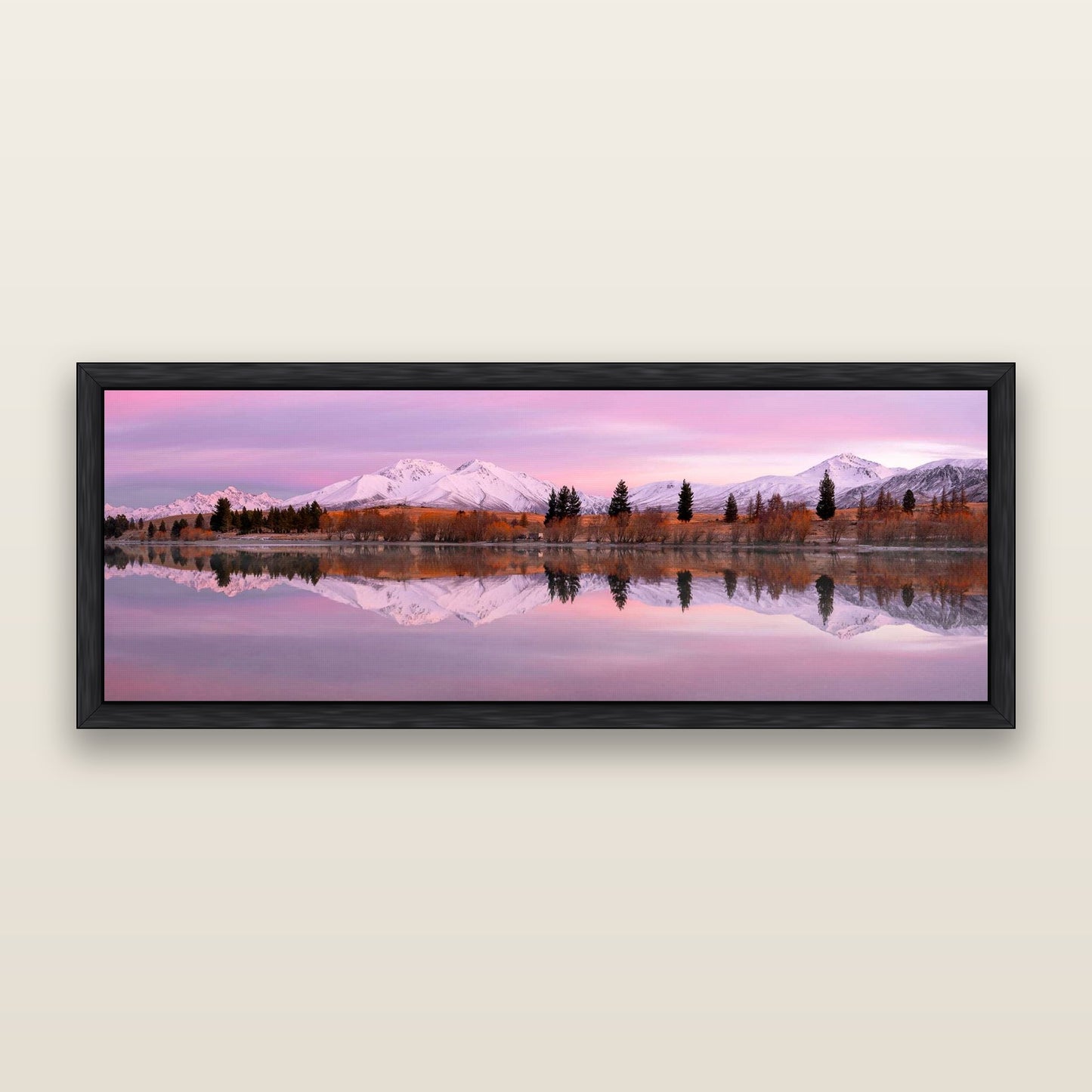 Reflections of Dawn, Big Hill and Potts Range — framed metallic canvas print, Black frame. New Zealand fine art landscape wall art by Stephen Milner.