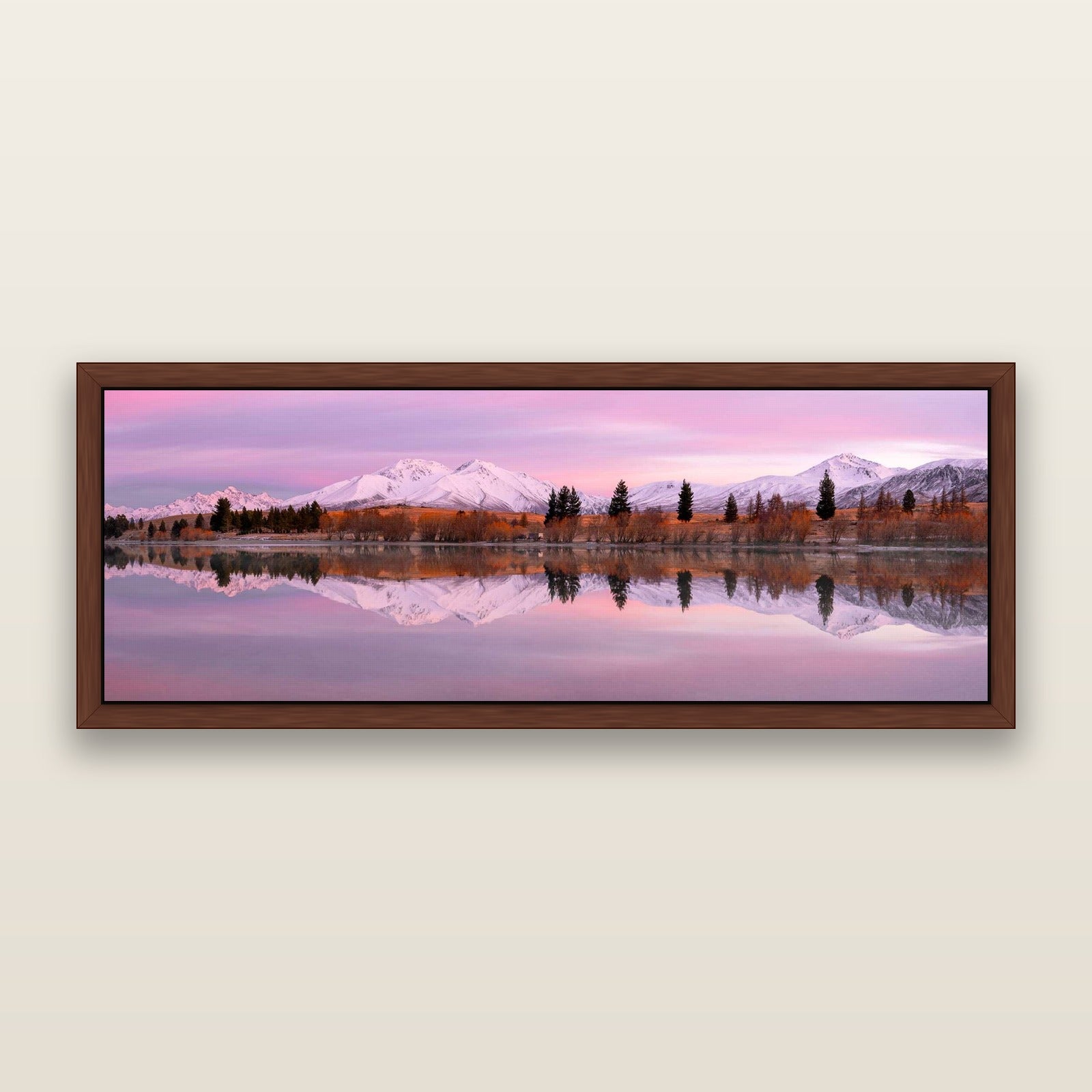 Reflections of Dawn, Big Hill and Potts Range — framed metallic canvas print, Brown frame. New Zealand fine art landscape wall art by Stephen Milner.