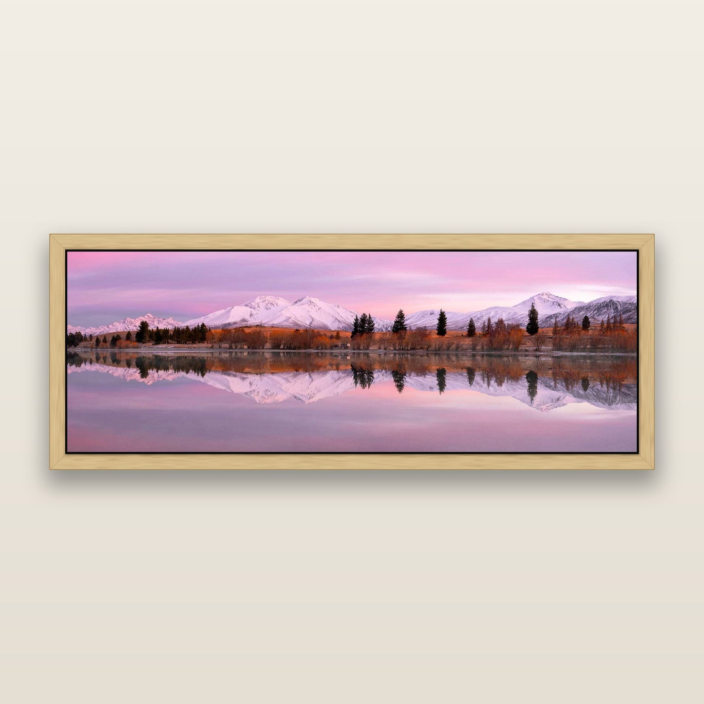 Reflections of Dawn, Big Hill and Potts Range — framed metallic canvas print, Natural frame. New Zealand fine art landscape wall art by Stephen Milner.