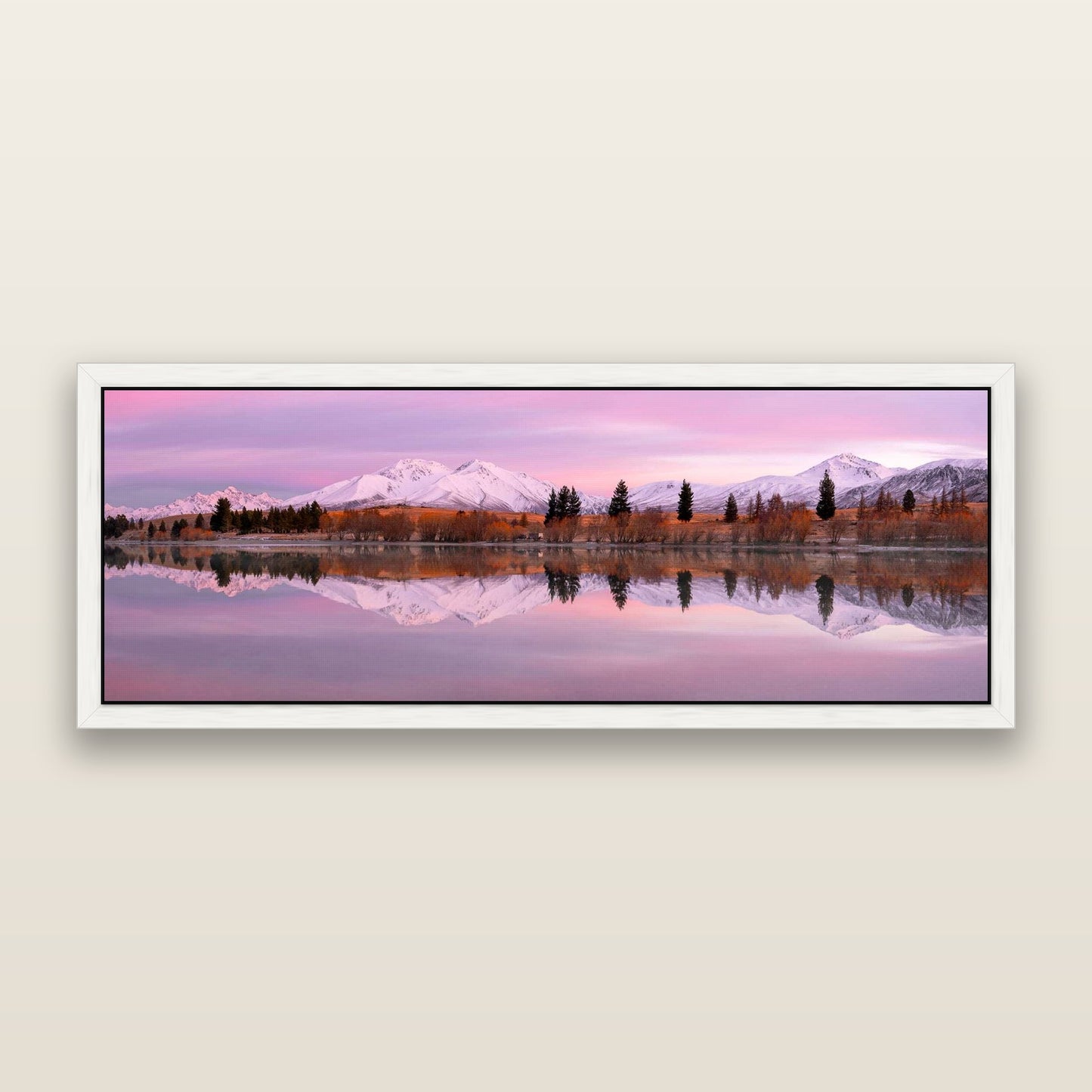 Reflections of Dawn, Big Hill and Potts Range — framed metallic canvas print, White frame. New Zealand fine art landscape wall art by Stephen Milner.