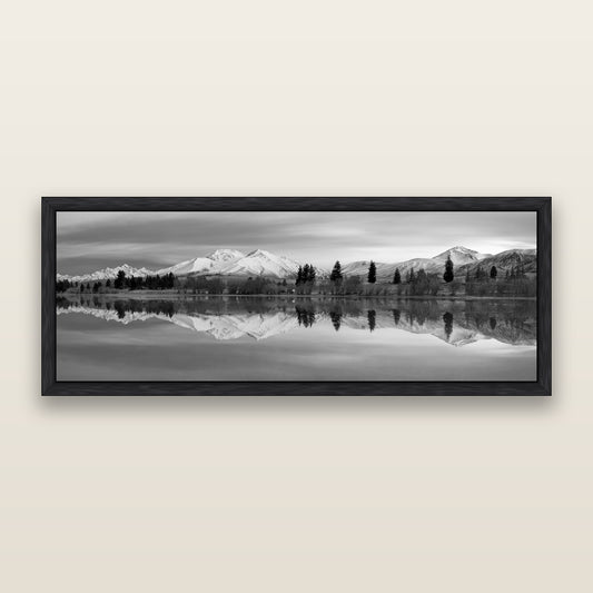 Reflections of Dawn, Big Hill and Potts Range, black and white framed metallic canvas print, Black frame. New Zealand fine art wall art by Stephen Milner.