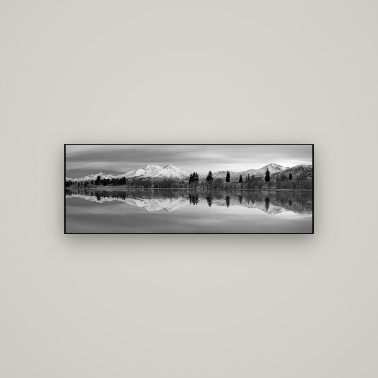 Reflections of Dawn, Big Hill and Potts Range — ArtBox Black, 113×40 cm. New Zealand fine art wall art by Stephen Milner.
