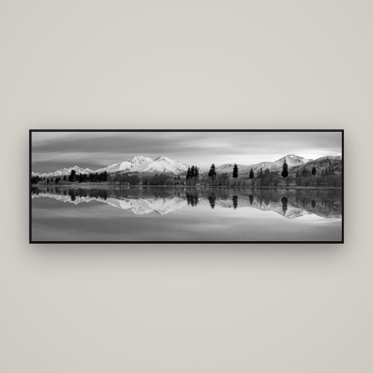 Reflections of Dawn, Big Hill and Potts Range — ArtBox Black, 170×60 cm. New Zealand fine art wall art by Stephen Milner.