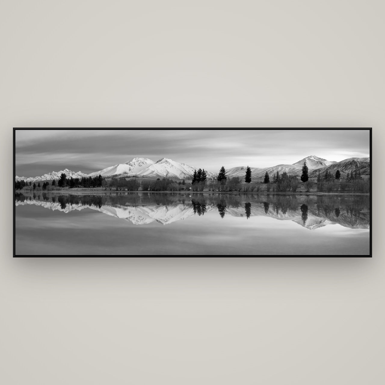 Reflections of Dawn, Big Hill and Potts Range — ArtBox Black, 198×70 cm. New Zealand fine art wall art by Stephen Milner.