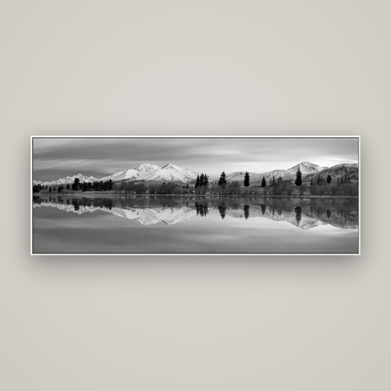 Reflections of Dawn, Big Hill and Potts Range — ArtBox White, 170×60 cm. New Zealand fine art wall art by Stephen Milner.