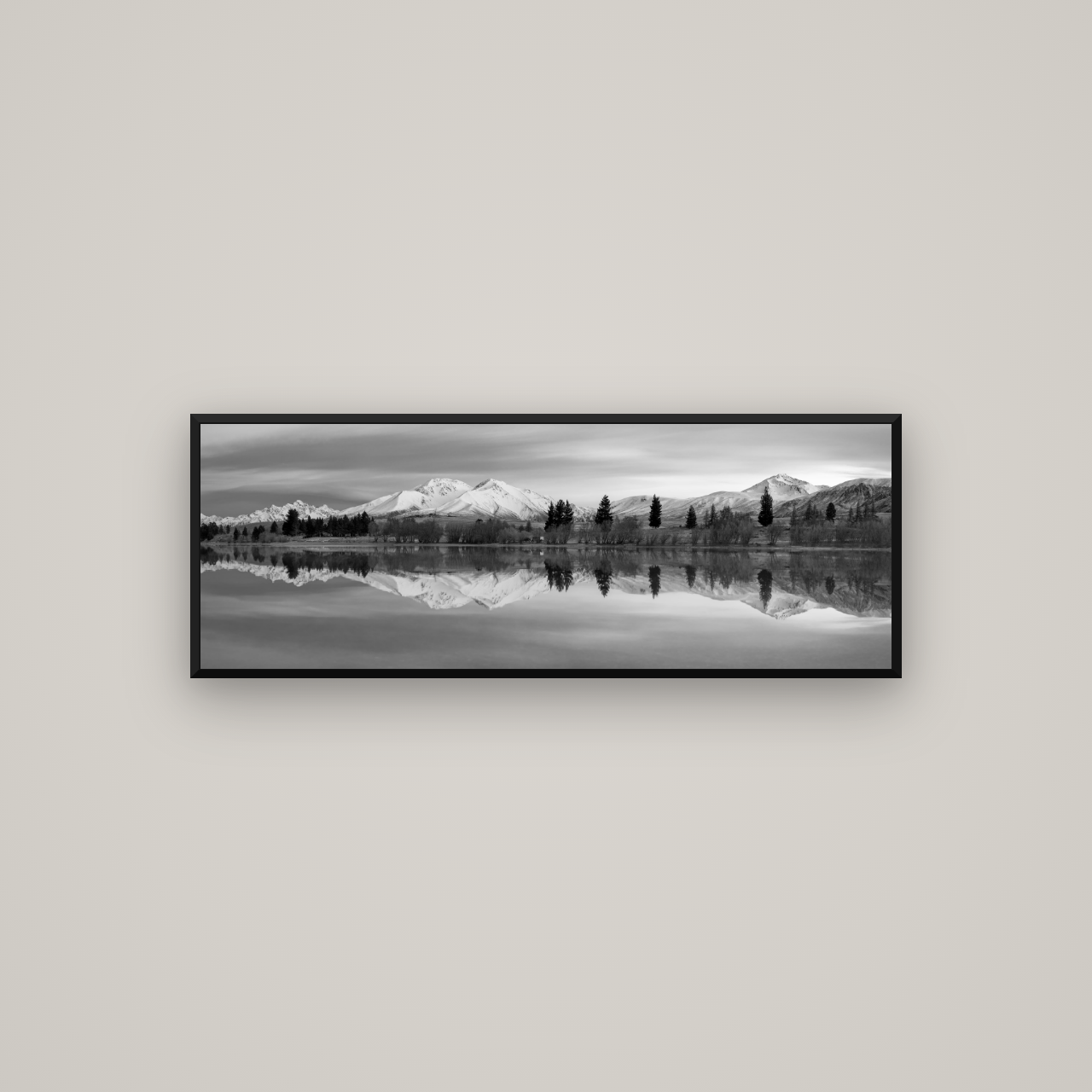 Reflections of Dawn, Big Hill and Potts Range — Basel Black Matte, 113×40 cm. New Zealand fine art wall art by Stephen Milner.