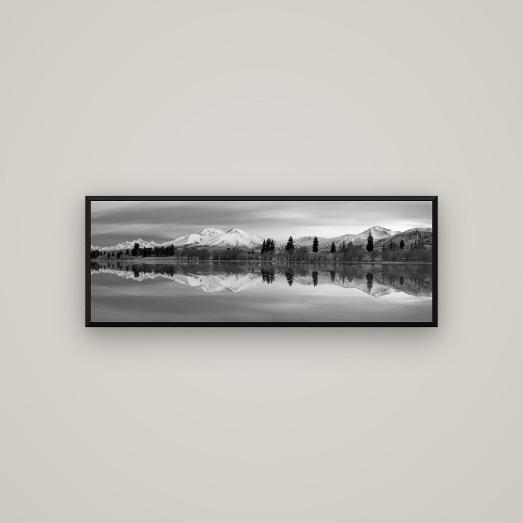 Reflections of Dawn, Big Hill and Potts Range — Basel Black Matte, 113×40 cm. New Zealand fine art wall art by Stephen Milner.