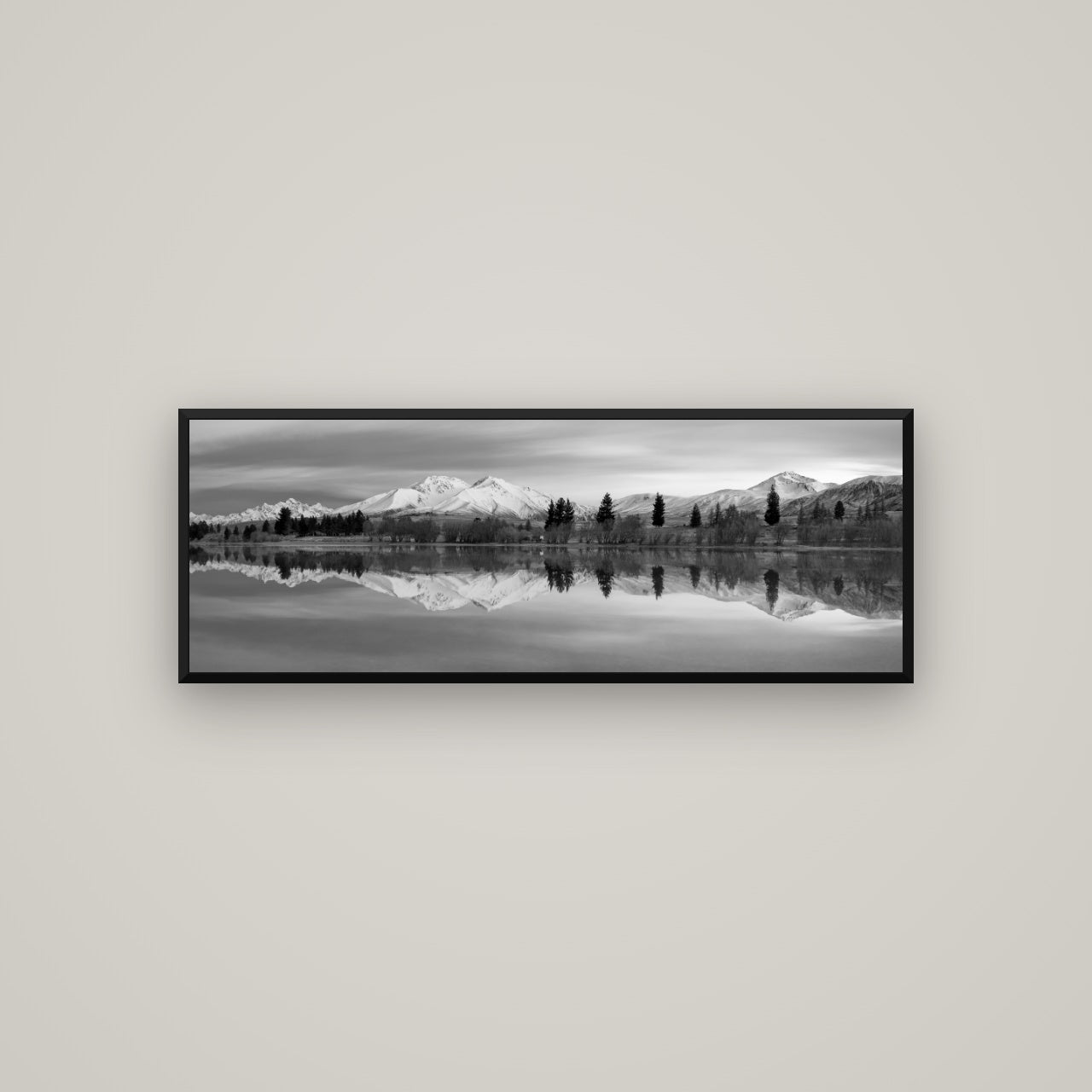Reflections of Dawn, Big Hill and Potts Range — Basel Black, 113×40 cm. New Zealand fine art wall art by Stephen Milner.