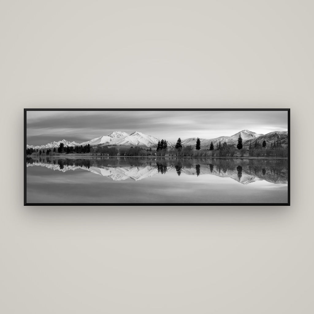 Reflections of Dawn, Big Hill and Potts Range — Basel Black Matte, 170×60 cm. New Zealand fine art wall art by Stephen Milner.