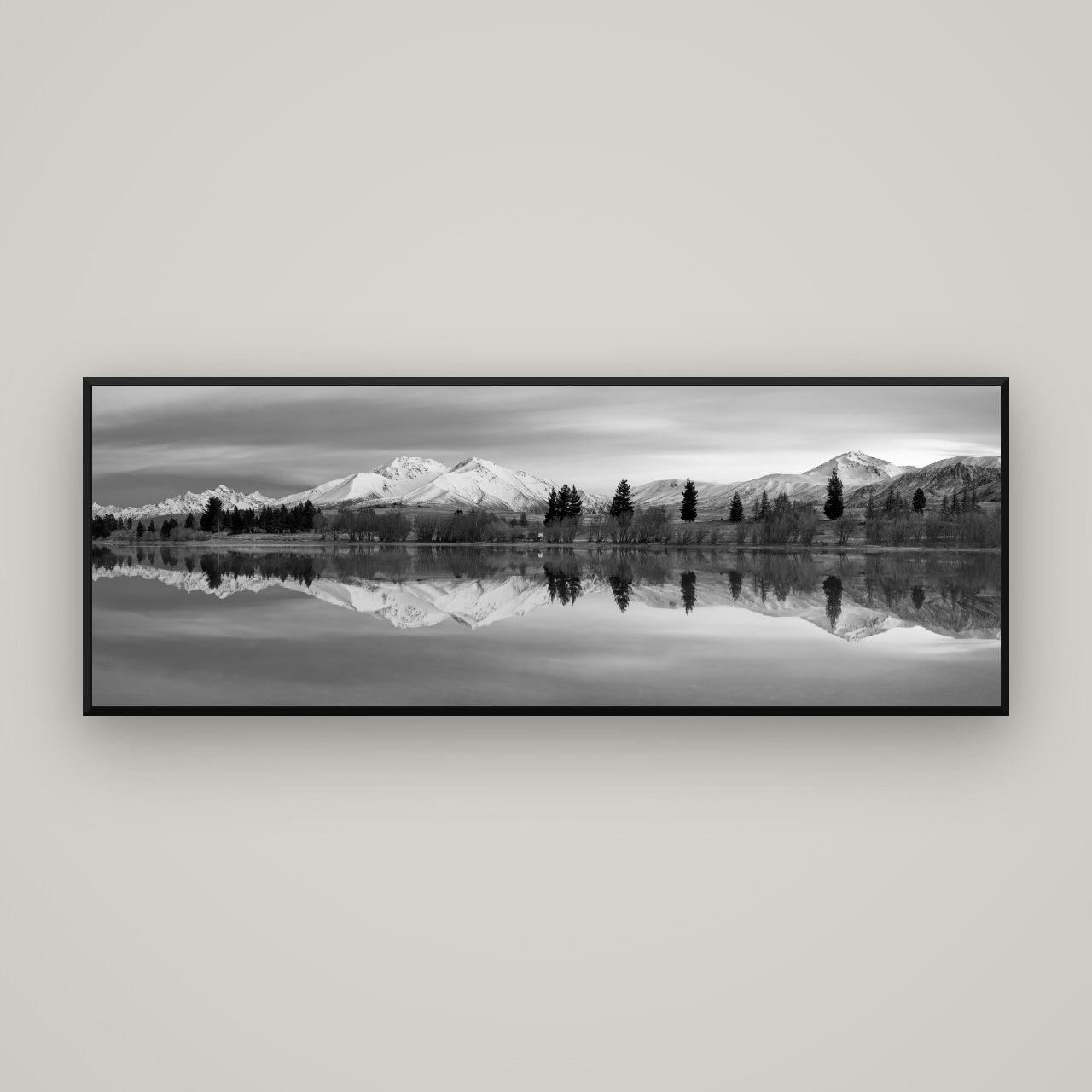 Reflections of Dawn, Big Hill and Potts Range — Basel Black, 170×60 cm. New Zealand fine art wall art by Stephen Milner.