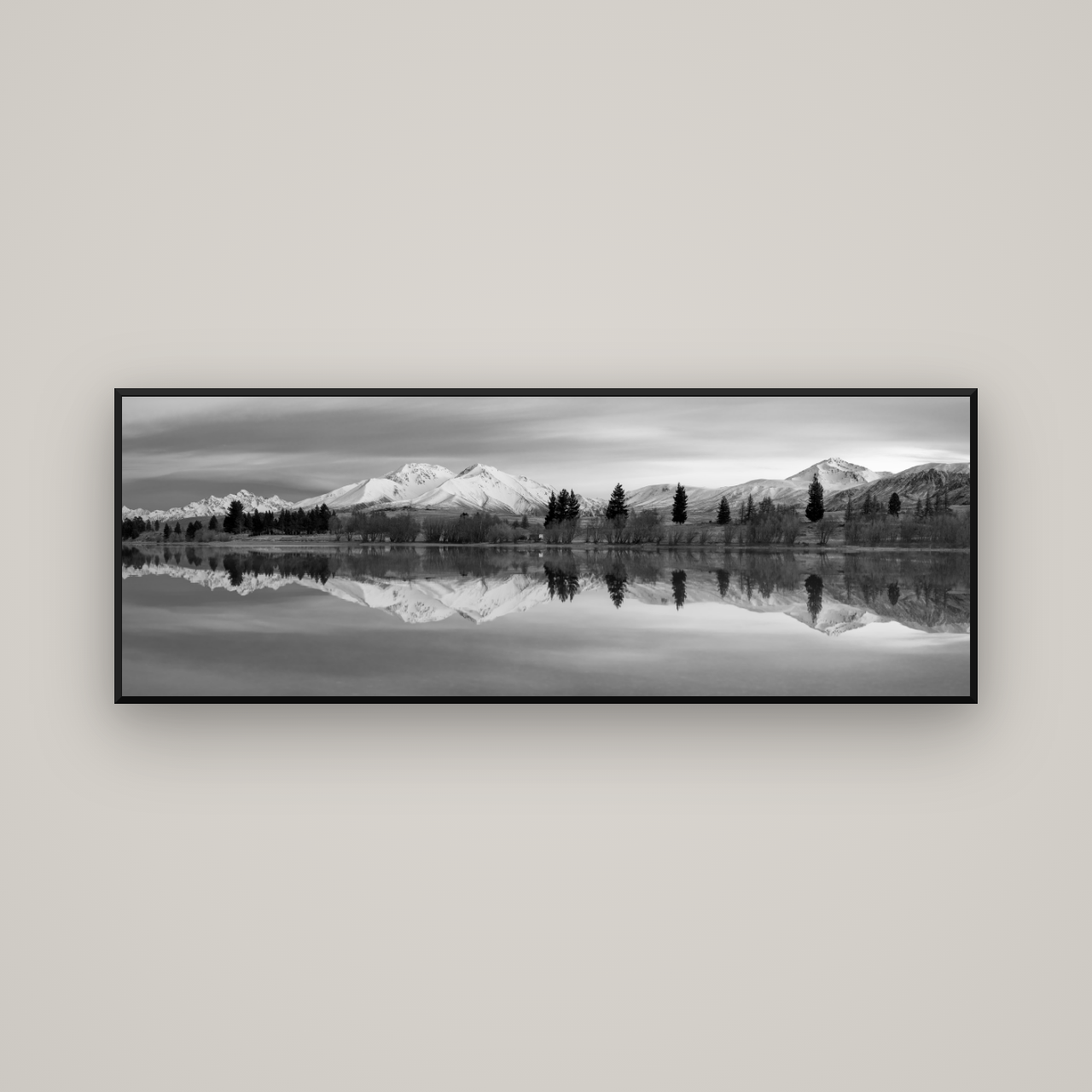 Reflections of Dawn, Big Hill and Potts Range — Basel Black Matte, 170×60 cm. New Zealand fine art wall art by Stephen Milner.