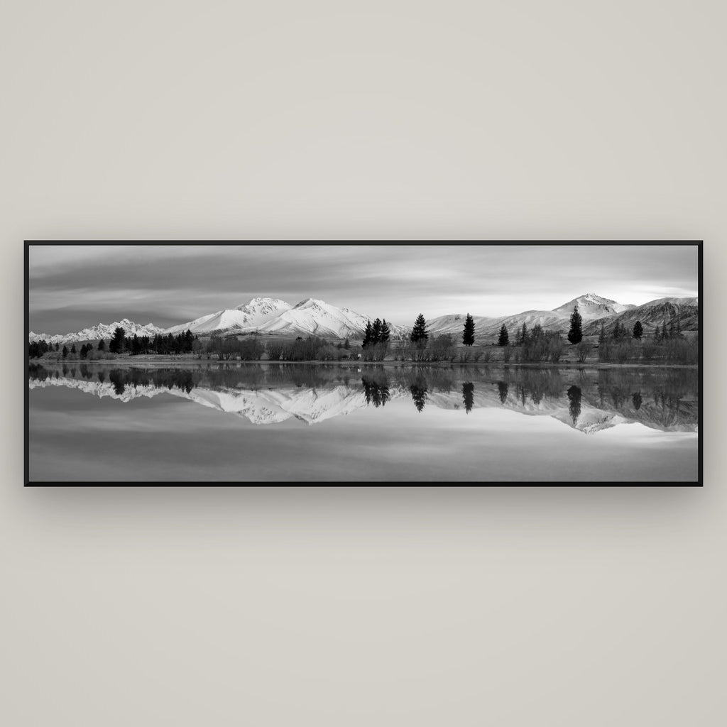 Reflections of Dawn, Big Hill and Potts Range — Basel Black Matte, 198×70 cm. New Zealand fine art wall art by Stephen Milner.