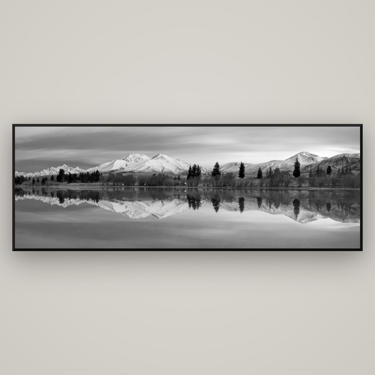 Reflections of Dawn, Big Hill and Potts Range — Basel Black, 198×70 cm. New Zealand fine art wall art by Stephen Milner.