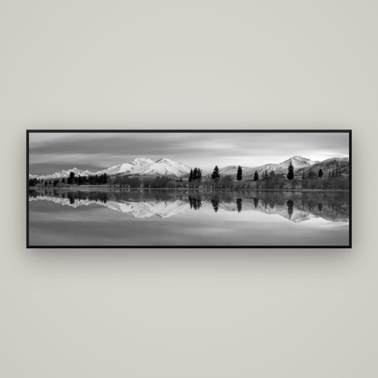 Reflections of Dawn, Big Hill and Potts Range — Basel Black Matte, 198×70 cm. New Zealand fine art wall art by Stephen Milner.