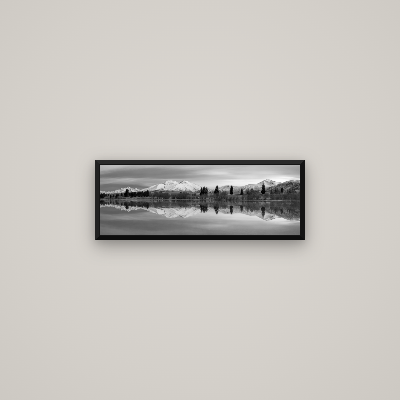Reflections of Dawn, Big Hill and Potts Range — Basel Black Matte, 68×24 cm. New Zealand fine art wall art by Stephen Milner.