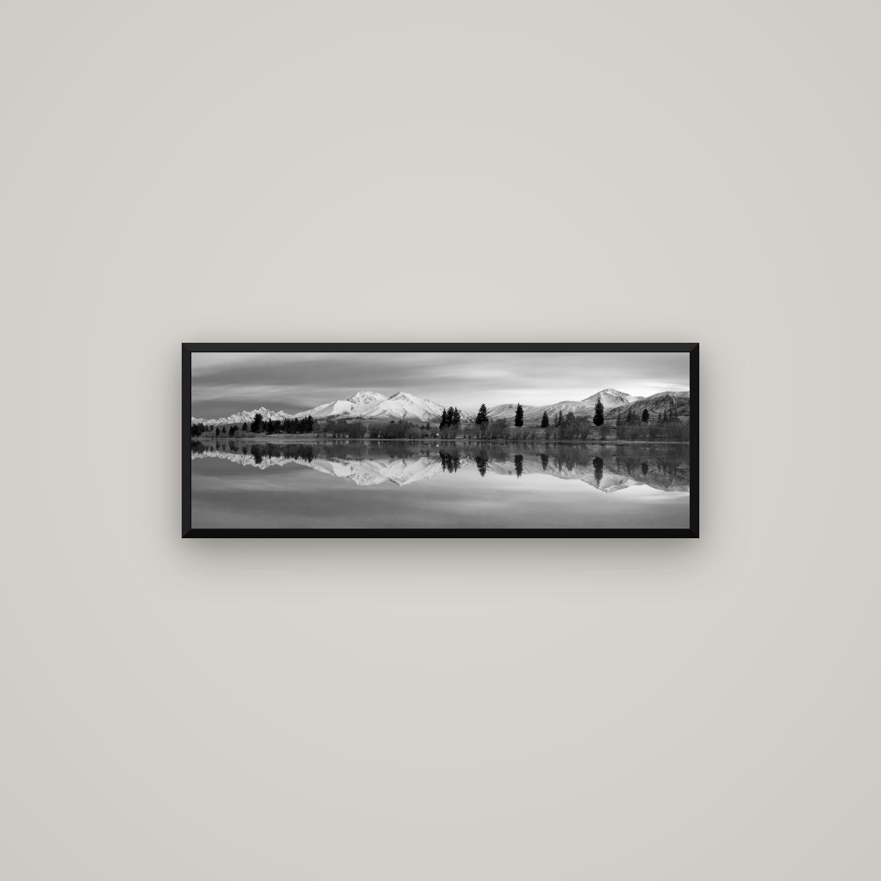 Reflections of Dawn, Big Hill and Potts Range — Basel Black Matte, 85×30 cm. New Zealand fine art wall art by Stephen Milner.