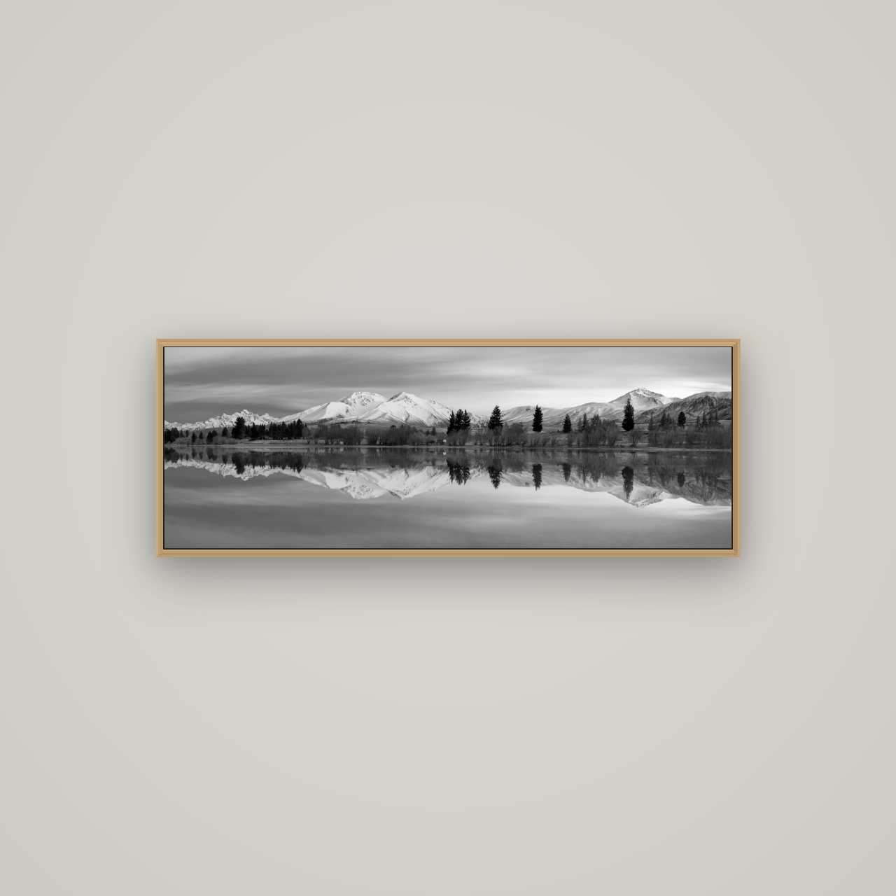 Reflections of Dawn, Big Hill and Potts Range, Basel Natural Oak, 113×40 cm. New Zealand fine art wall art by Stephen Milner.