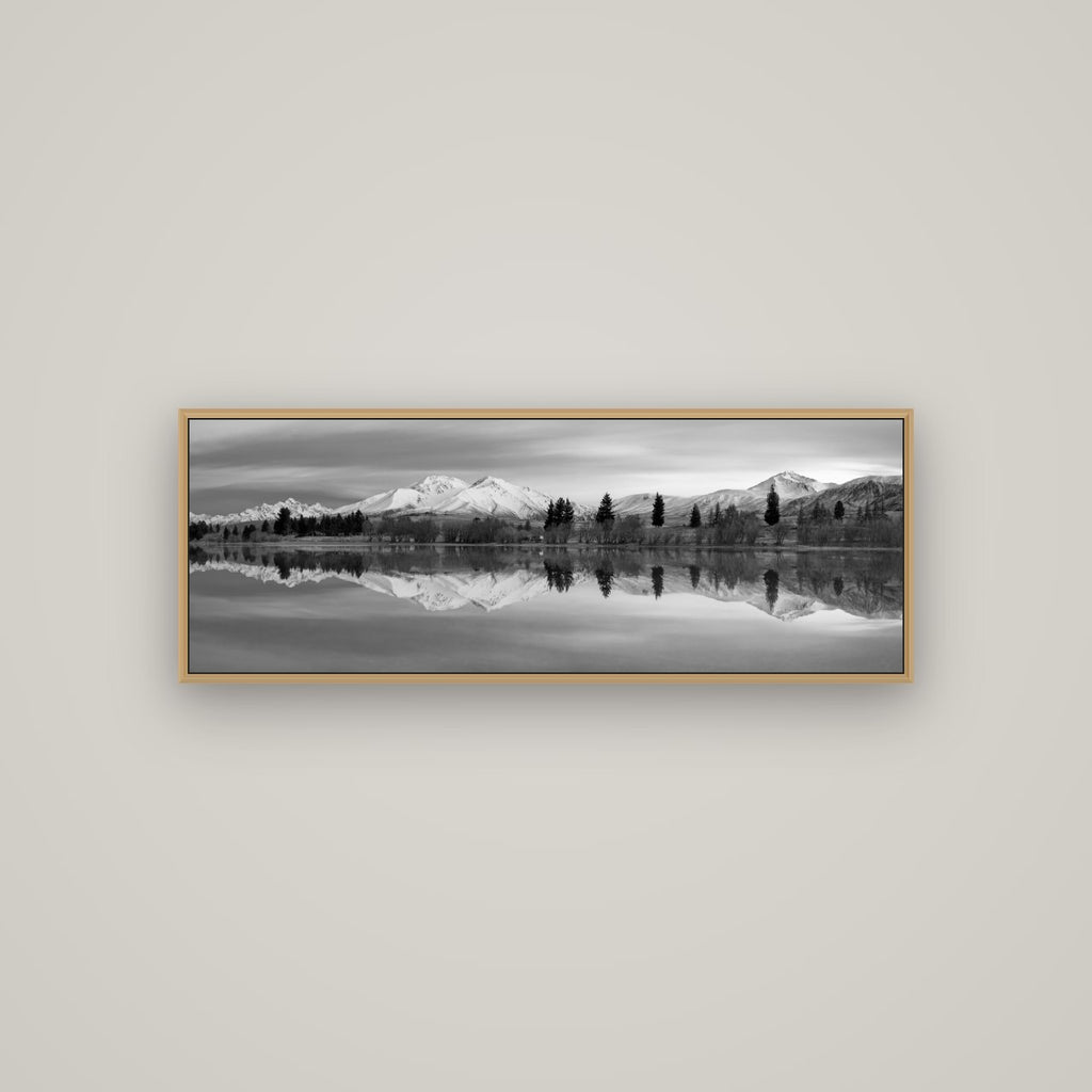 Reflections of Dawn, Big Hill and Potts Range, Basel Natural Oak, 113×40 cm. New Zealand fine art wall art by Stephen Milner.