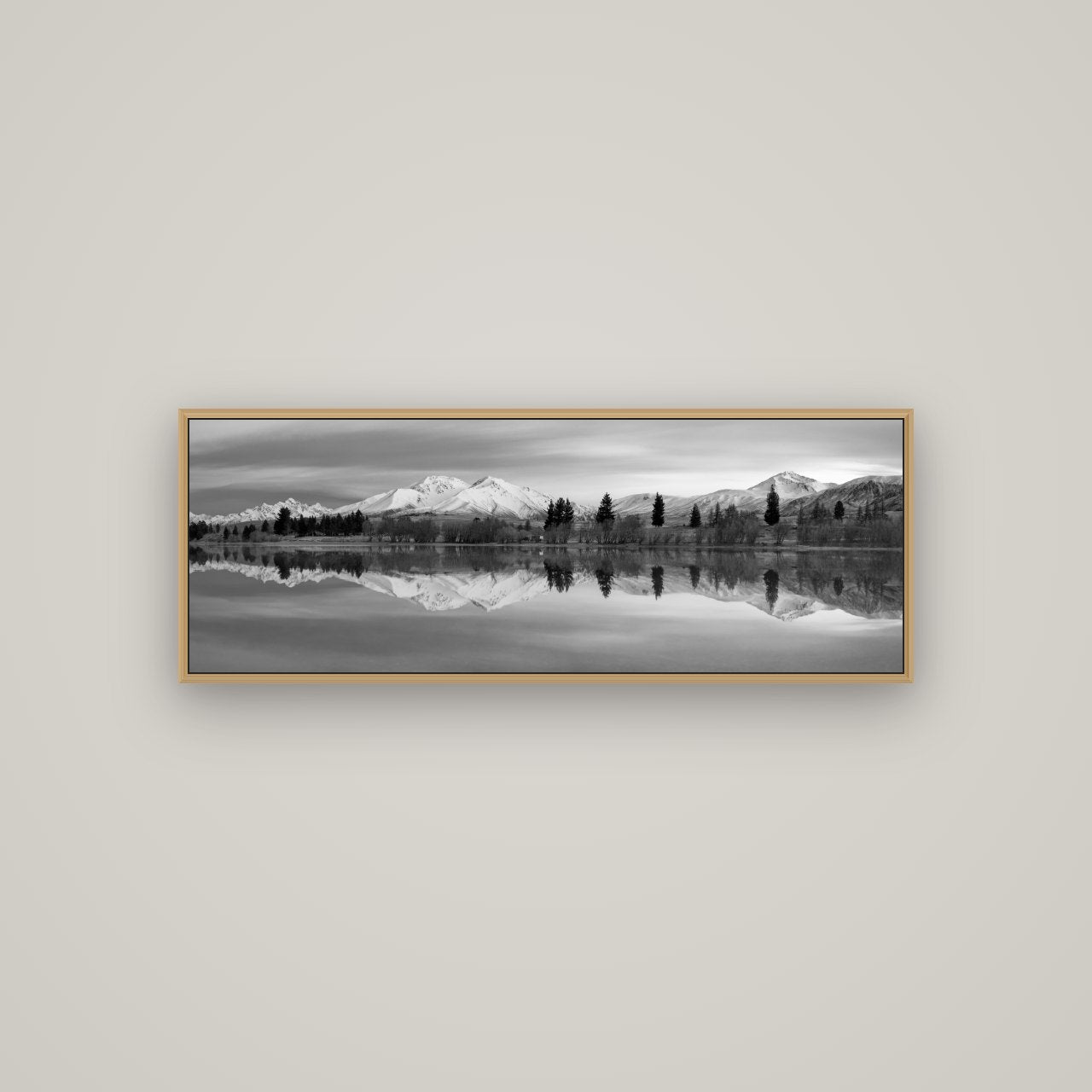 Reflections of Dawn, Big Hill and Potts Range, Basel Natural Oak, 113×40 cm. New Zealand fine art wall art by Stephen Milner.