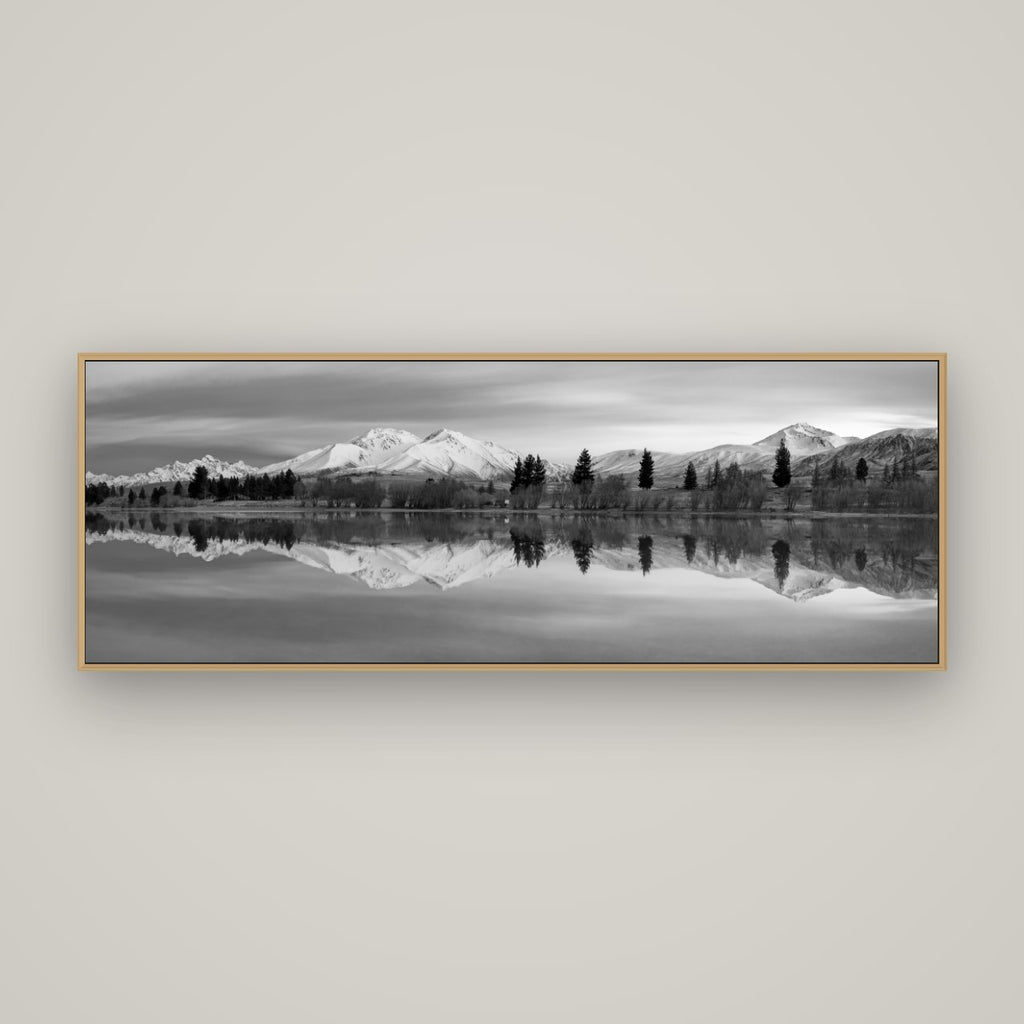 Reflections of Dawn, Big Hill and Potts Range, Basel Natural Oak, 170×60 cm. New Zealand fine art wall art by Stephen Milner.