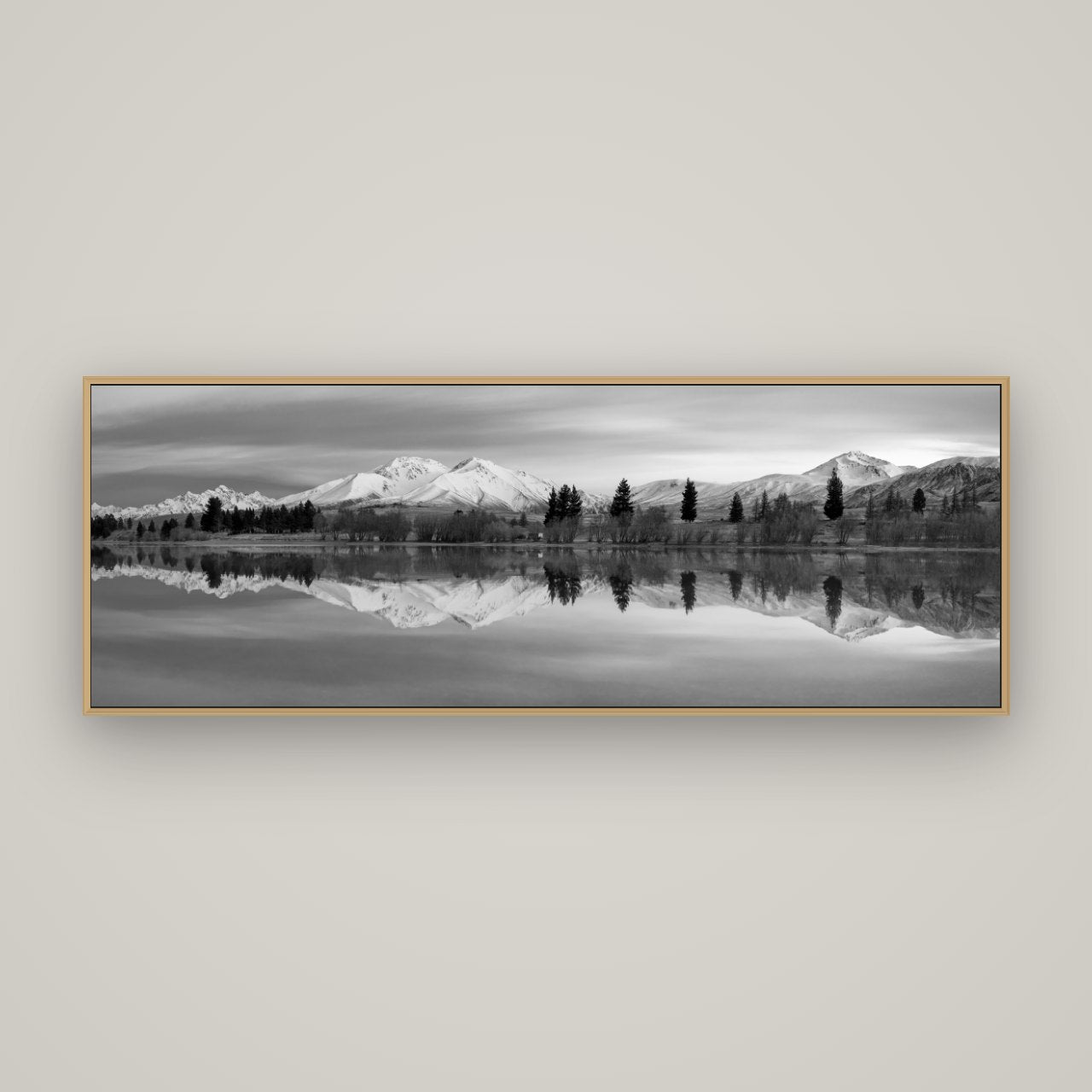 Reflections of Dawn, Big Hill and Potts Range, Basel Natural Oak, 170×60 cm. New Zealand fine art wall art by Stephen Milner.