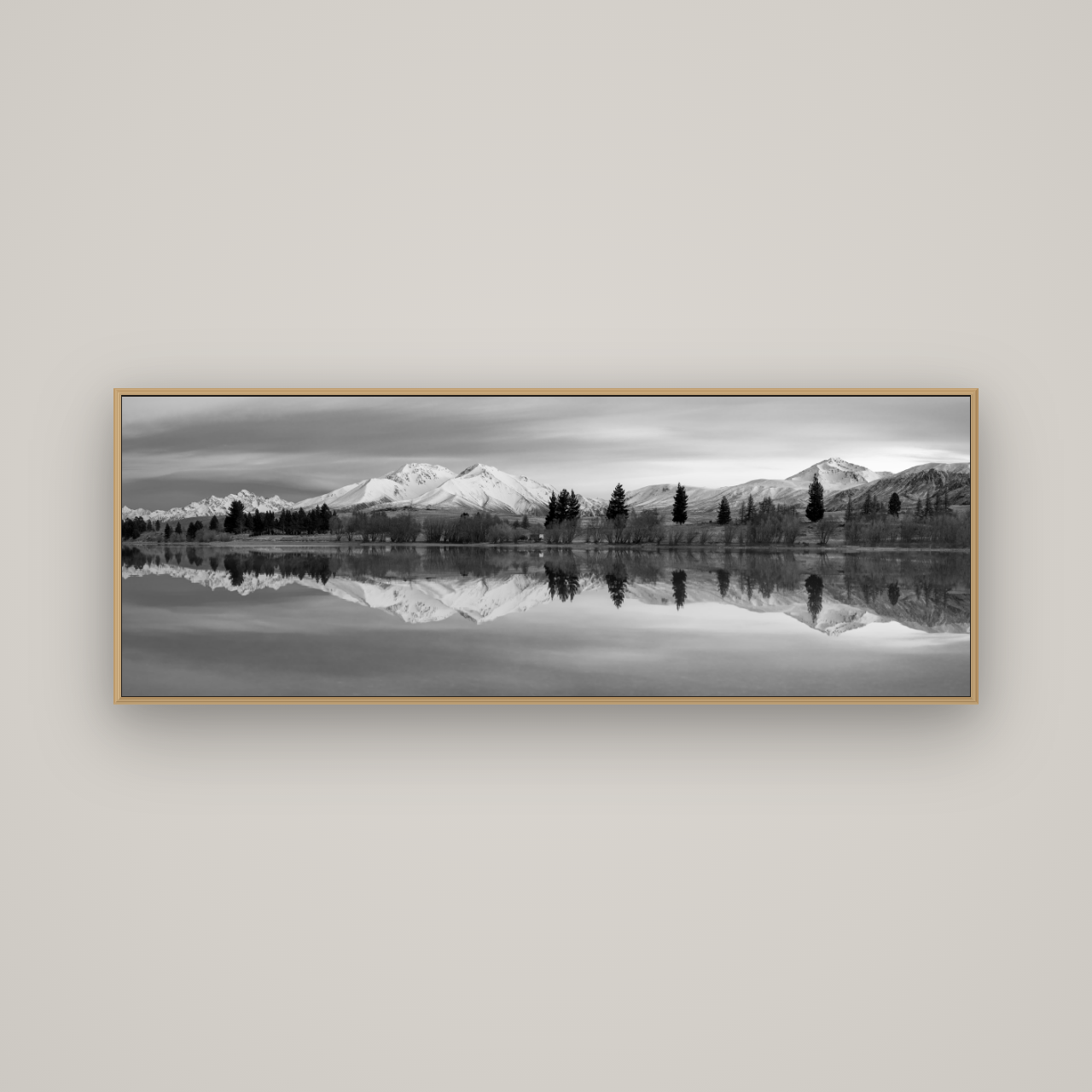 Reflections of Dawn, Big Hill and Potts Range, Basel Natural Oak, 170×60 cm. New Zealand fine art wall art by Stephen Milner.