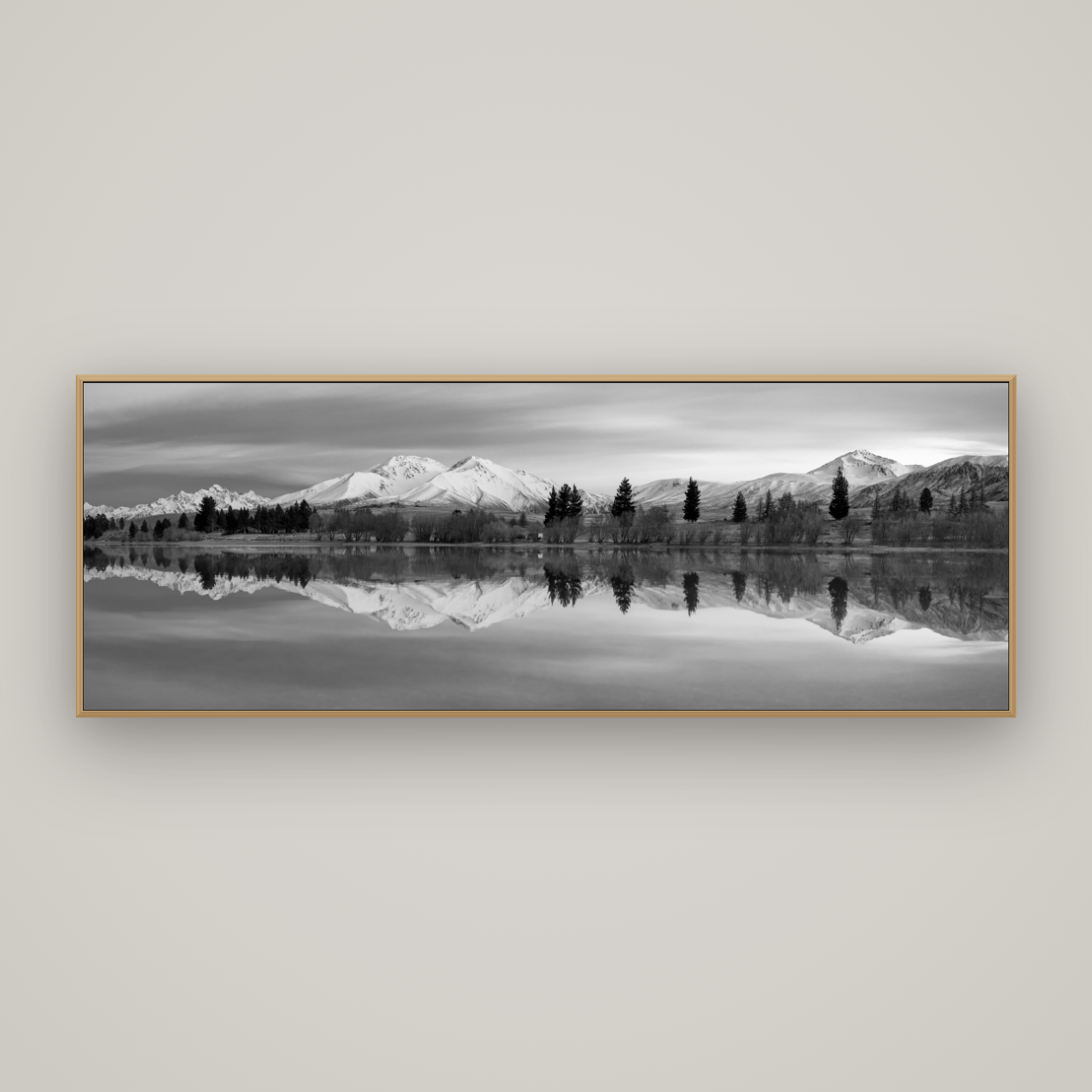 Reflections of Dawn, Big Hill and Potts Range, Basel Natural Oak, 198×70 cm. New Zealand fine art wall art by Stephen Milner.