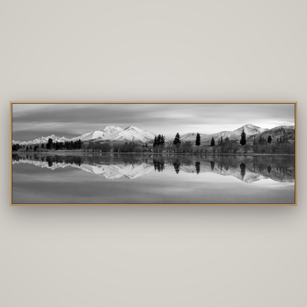 Reflections of Dawn, Big Hill and Potts Range, Basel Natural Oak, 198×70 cm. New Zealand fine art wall art by Stephen Milner.