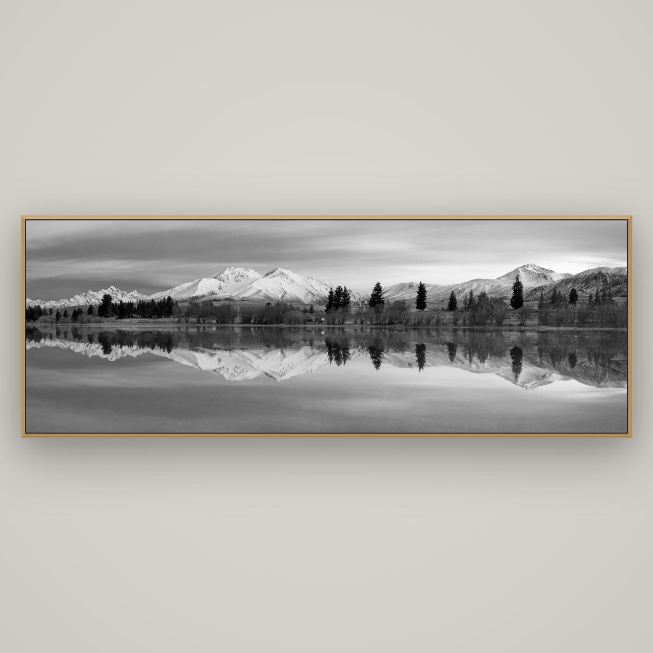 Reflections of Dawn, Big Hill and Potts Range, Basel Natural Oak, 198×70 cm. New Zealand fine art wall art by Stephen Milner.