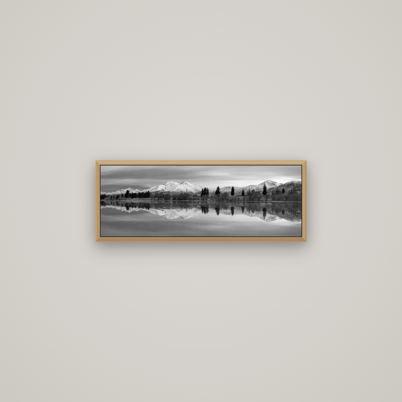 Reflections of Dawn, Big Hill and Potts Range, Basel Natural Oak, 68×24 cm. New Zealand fine art wall art by Stephen Milner.