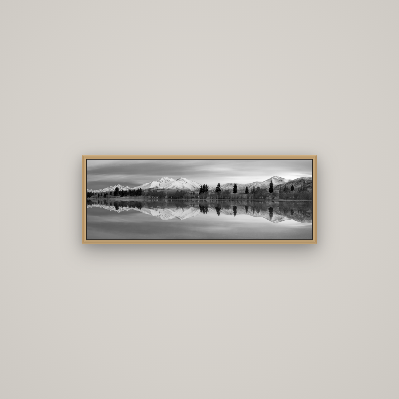 Reflections of Dawn, Big Hill and Potts Range, Basel Natural Oak, 85×30 cm. New Zealand fine art wall art by Stephen Milner.